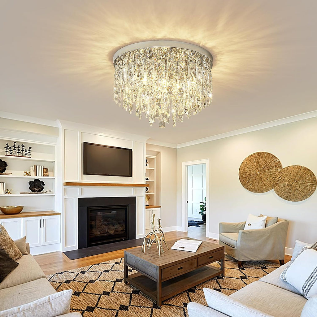 YMP&YZX Modern Chrome Ceiling Crystal Chandeliers,Diameter 15.7inch Semi Fulsh Mounted Chandelier Light Fixtures for Living Dining Room Bedroom Crystal Ceiling Fixture 5-Light
