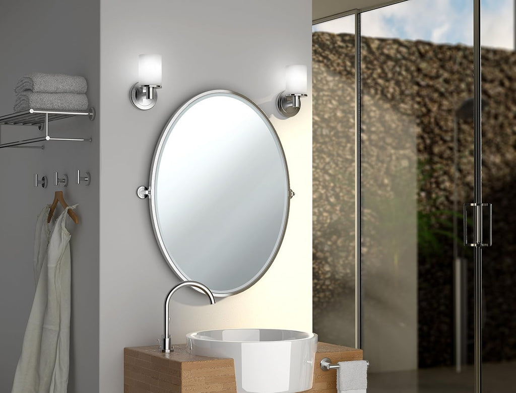 Gatco 1686 Latitude II 3-Light Bathroom Vanity Light Fixture, Wall Mounted, 19.65-Inch W x 9.5-Inch H, Chrome, Frosted Glass Shades, Triple Sconce