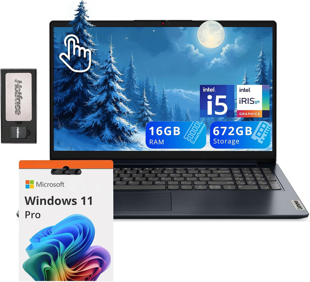 Lenovo IdeaPad 1i 15.6' FHD Touchscreen Laptop, Intel i5 1235U, 16GB RAM, 672GB Storage(512GB SSD + 160GB Docking Station), Intel Iris Xe Graphics, HD Camera, Dolby Audio, Wi-Fi 6, Win 11 Pro, Blue