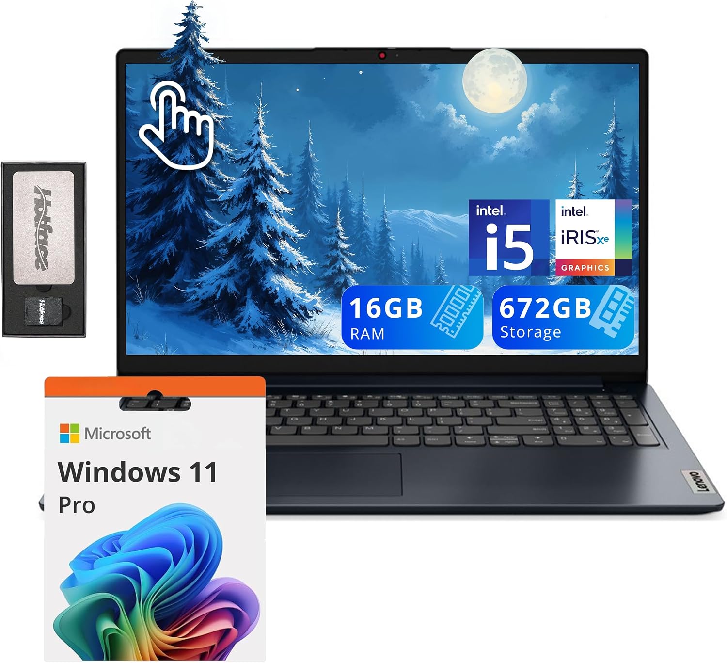 Lenovo IdeaPad 1i 15.6' FHD Touchscreen Laptop, Intel i5 1235U, 16GB RAM, 672GB Storage(512GB SSD + 160GB Docking Station), Intel Iris Xe Graphics, HD Camera, Dolby Audio, Wi-Fi 6, Win 11 Pro, Blue