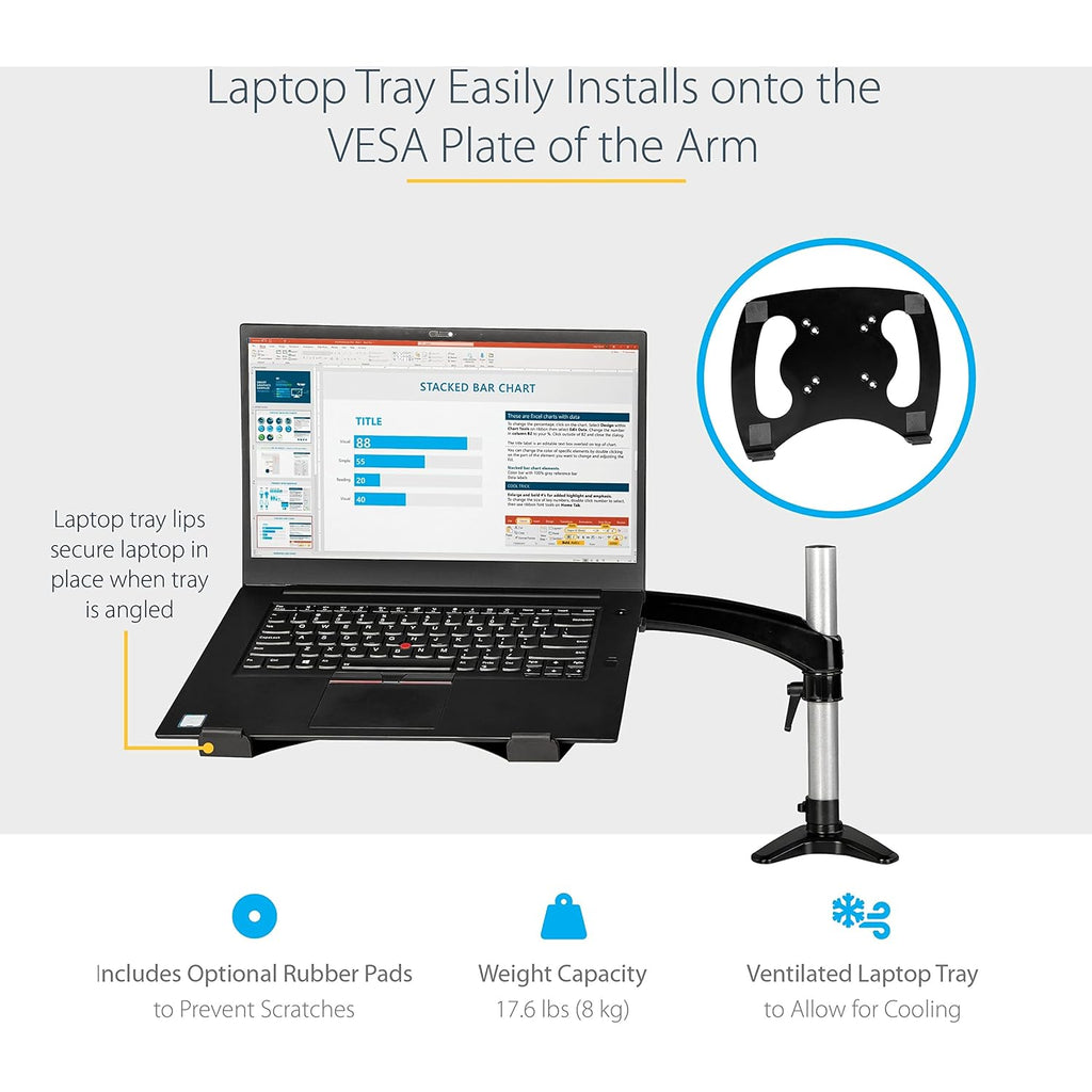 StarTech.com Desk Mount Laptop Arm, Articulating Arm for Laptop or Single Monitor up to 34' (17.6lb/8kg), VESA Tray Bracket, Ergonomic Adjustable Stand, Desk & Grommet Clamp