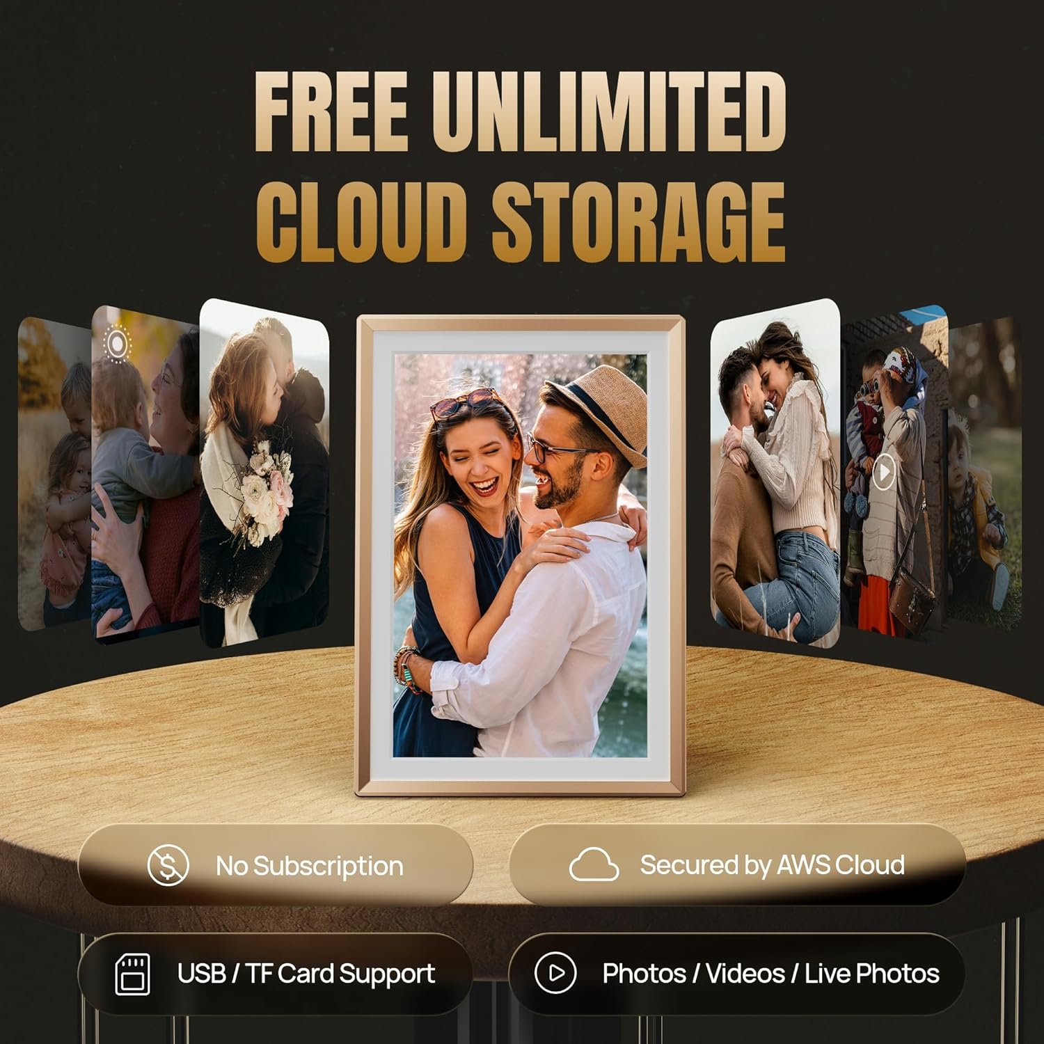 ARZOPA D10 Metal Digital Picture Frame Free Cloud Storage No Subscription 10.1' HD Anti-Glare Touchscreen Load Photos & Videos from Phone Ideal for Thoughtful Gifting Exquisite - Champagne Gold