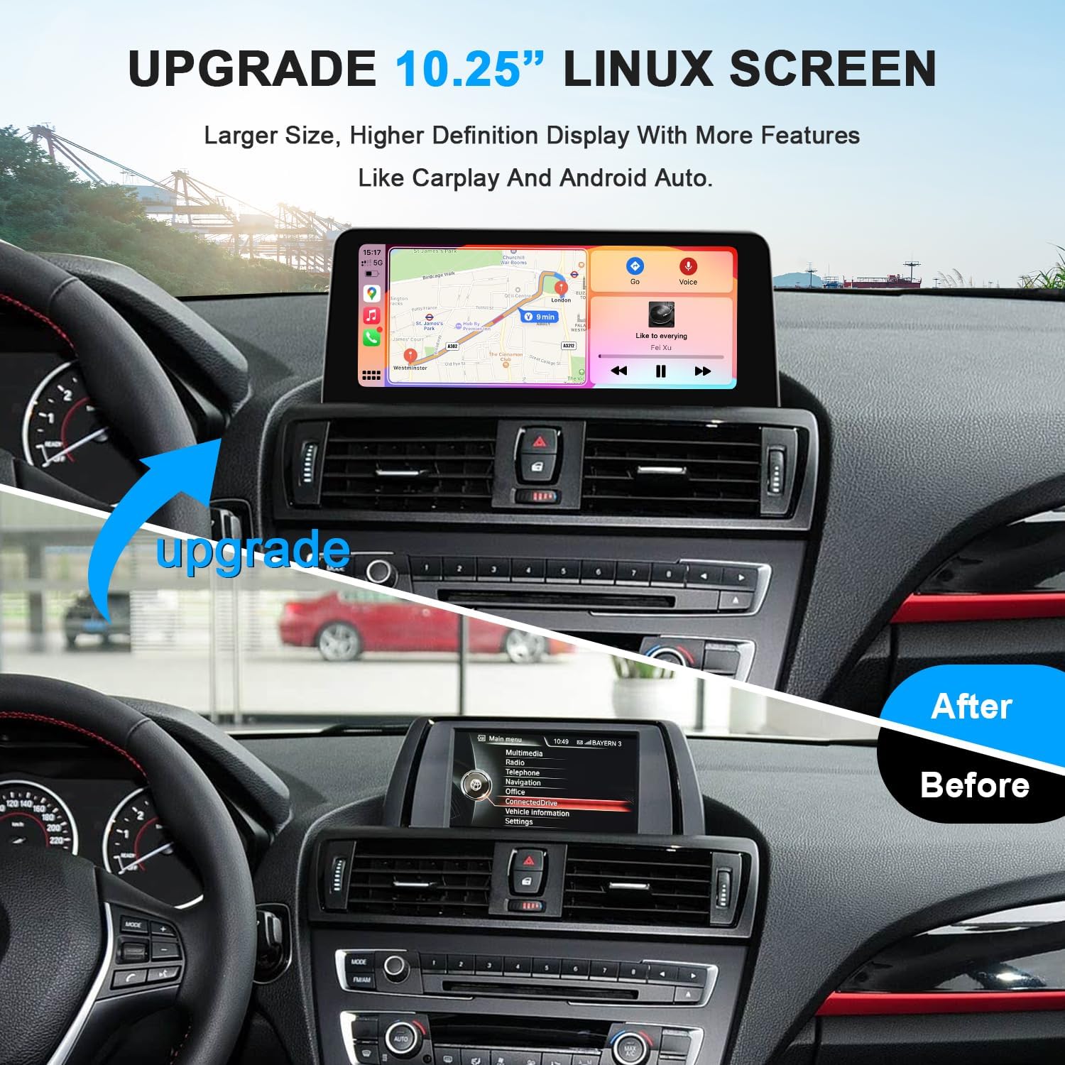 PEMP CarPlay Android Auto Monitor Linux Screen for BMW (2012-2016) 1 Series F20 CIC NBT System with a 720P AHD Revers Camera