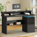 RALGEND 59' Executive Desk with Drawer, Fluted Computer Desk with File Drawer & Monitor Stand, Home Office Desk with Power Outlet, LED Light, Modern Fluted Computer Writing Desk with Storage, Black