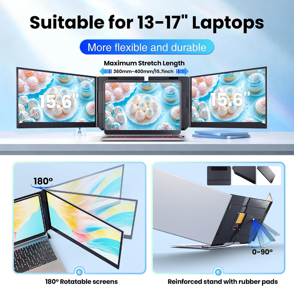 Laptop Screen Extender, 15.6' Ultra Light & Thin Triple Portable Monitor for Laptop with 1080P FHD IPS Display, Two Cable USB-C/HDMI Plug-Play Monitor Extender for Mac/Win/Android, Fits 13-17' Laptops