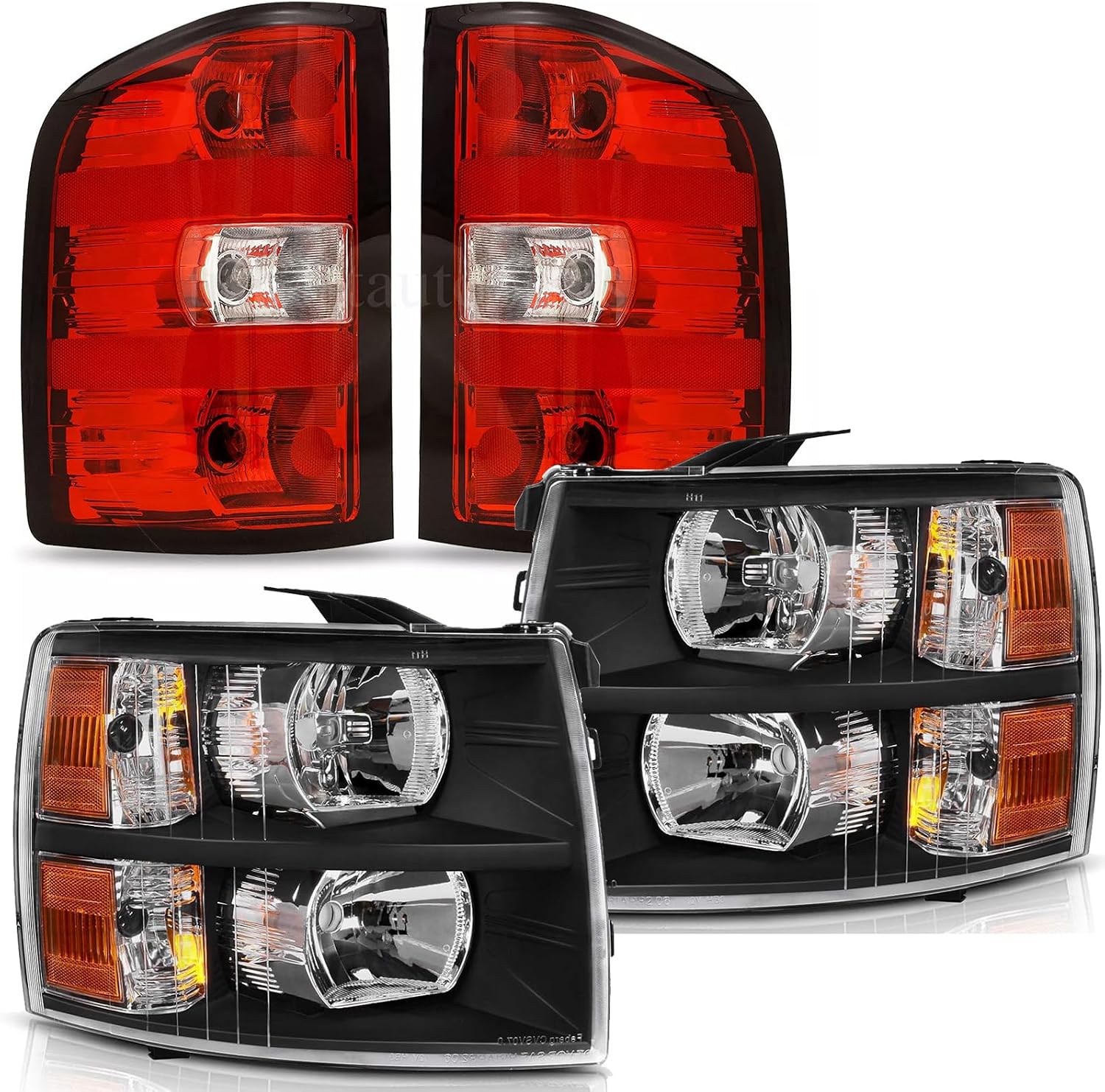 Headlights Tail Lights Combo Compatible with Chevy Silverado 1500 2007 2008 2009 2010 2011 2012 2013 Chevrolet 2500 3500 HD 2500HD 3500HD Replacement Headlight Rear Brake Lamp Assembly, Black