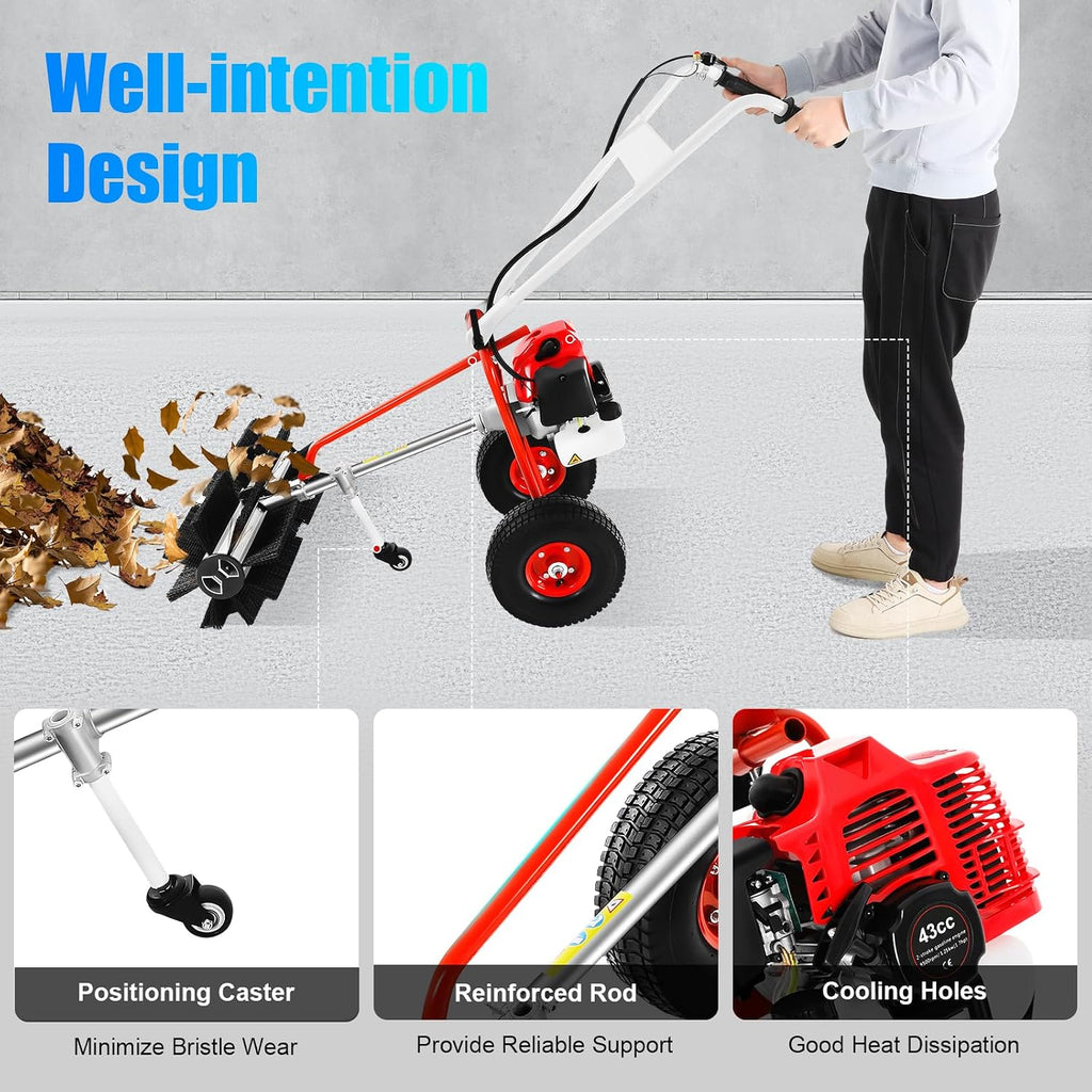 43CC 2 Stroke 1.7HP Gas Power Broom Sweeper 1250W Walk Behind Lawn Yard Sweeper Handheld Push Lawn Sweepers Walk Behind Lawn Mower for Driveways Lawns Sidewalks
