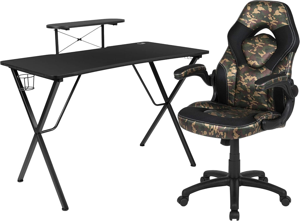 Flash Furniture Black Gaming Desk and Camouflage/Black Racing Chair Set with Cup Holder, Headphone Hook, and Monitor/Smartphone Stand