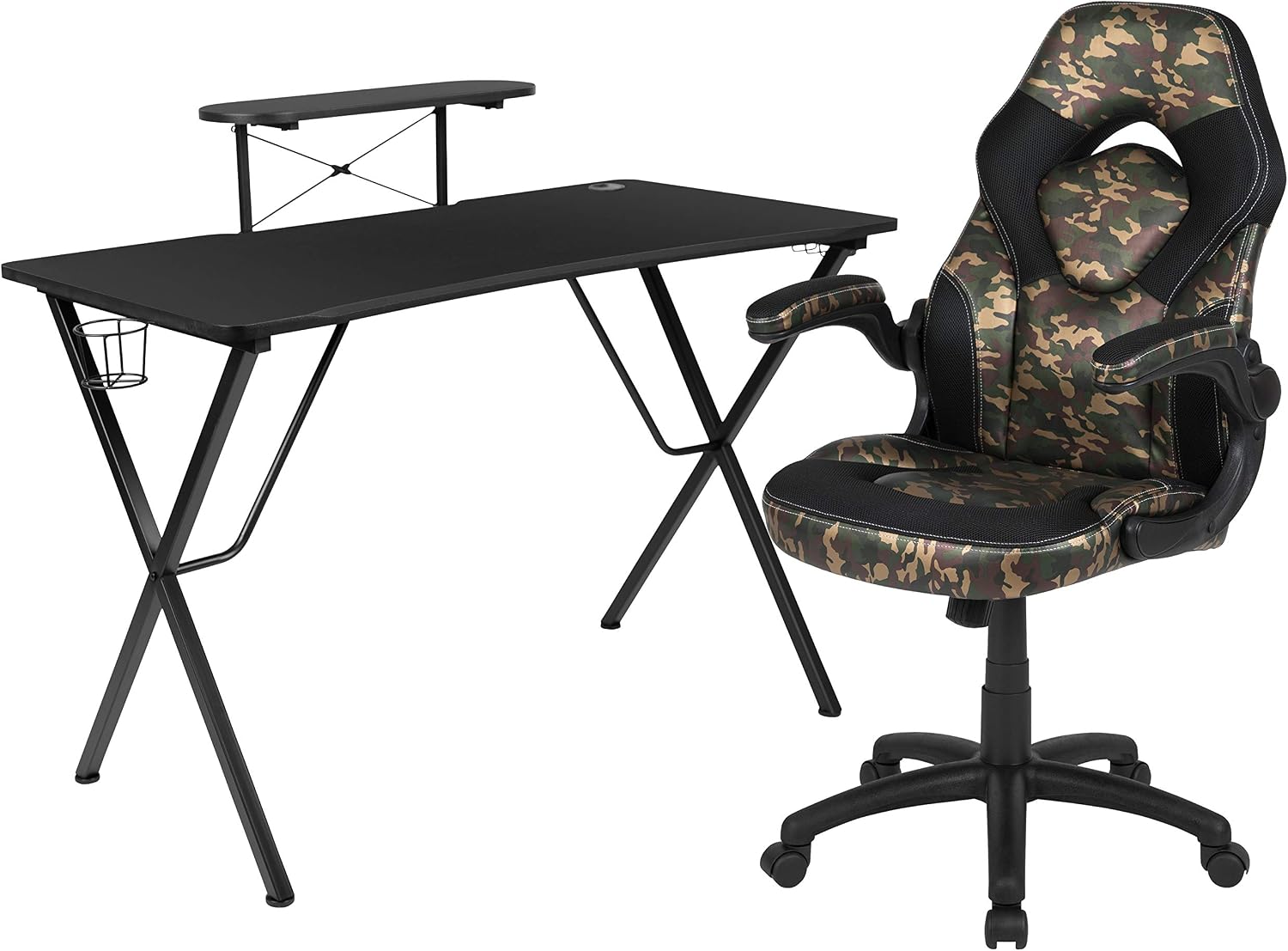 Flash Furniture Black Gaming Desk and Camouflage/Black Racing Chair Set with Cup Holder, Headphone Hook, and Monitor/Smartphone Stand