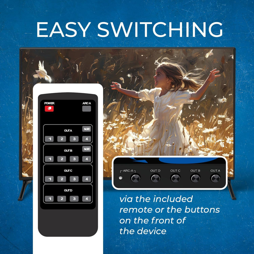 OREI 4K@60Hz 4×4 HDMI Matrix Switch with Downscaler & ARC, 18Gbps, HDCP 2.2, HDR, Audio Extraction (Optical & Analog), 4K-to-1080p Scaling, IR Remote (UHD-404R)