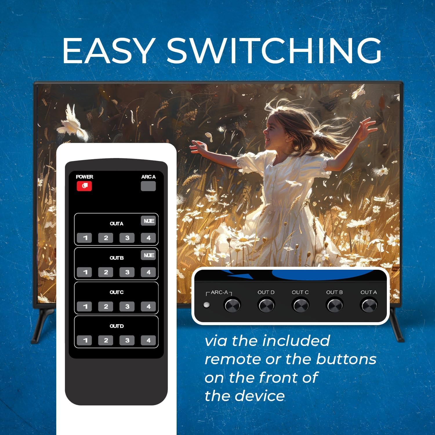 OREI 4K@60Hz 4×4 HDMI Matrix Switch with Downscaler & ARC, 18Gbps, HDCP 2.2, HDR, Audio Extraction (Optical & Analog), 4K-to-1080p Scaling, IR Remote (UHD-404R)