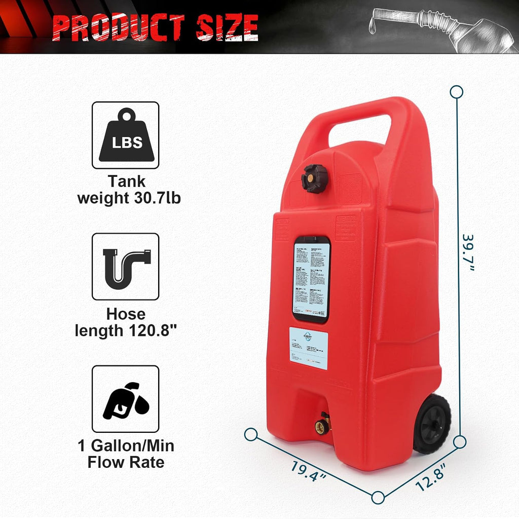 34 Gallon Gas Caddy with Manual Transfer Pump, Fuel Caddy with 10ft Delivery Hose, Portable Gas Tank, Diesel Fuel Storage Tank with Wheels for ATVs, Cars, Lawn Mowers, Boats, Red