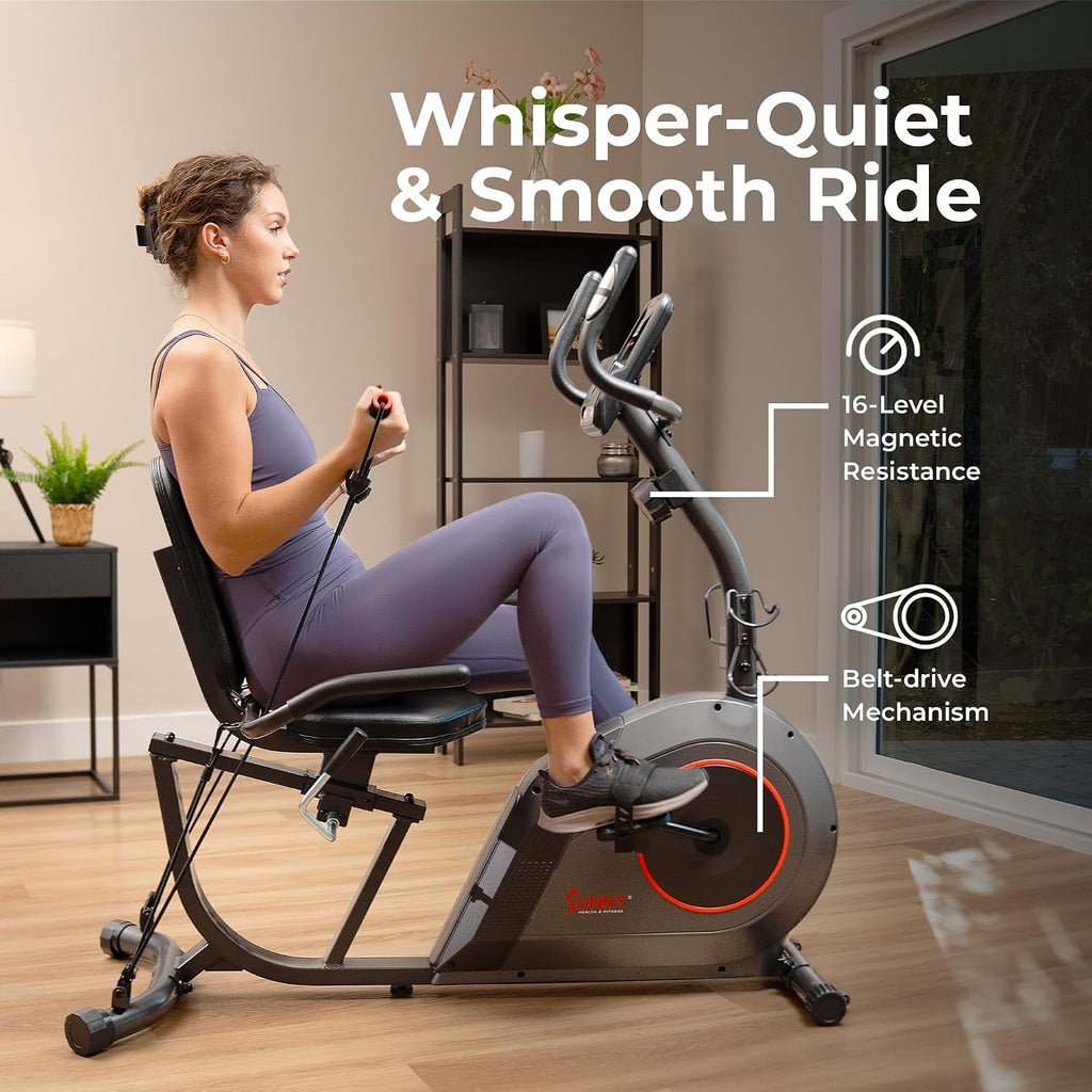 Sunny Health & Fitness Smart Recumbent Bike, Wide Cushioned Seat & Back, Indoor Cycling Machine for Adult/Seniors Home Exercise, Free SunnyFit App Connection