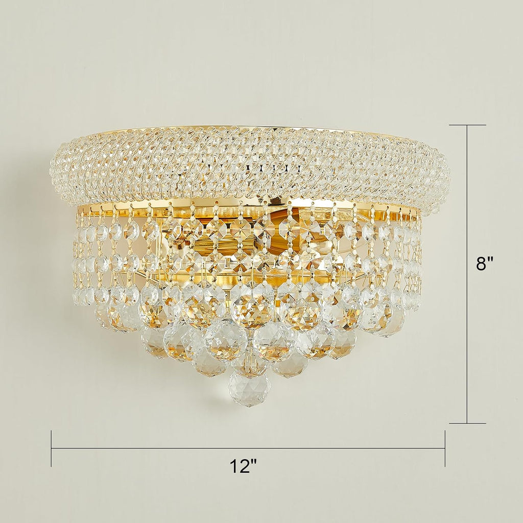 2-Lights Empire Crystal Wall Sconce Light for Living Room Dining Room Bathroom Vanity Mirrors Hallway Bedroom Closet Stairway (Gold)