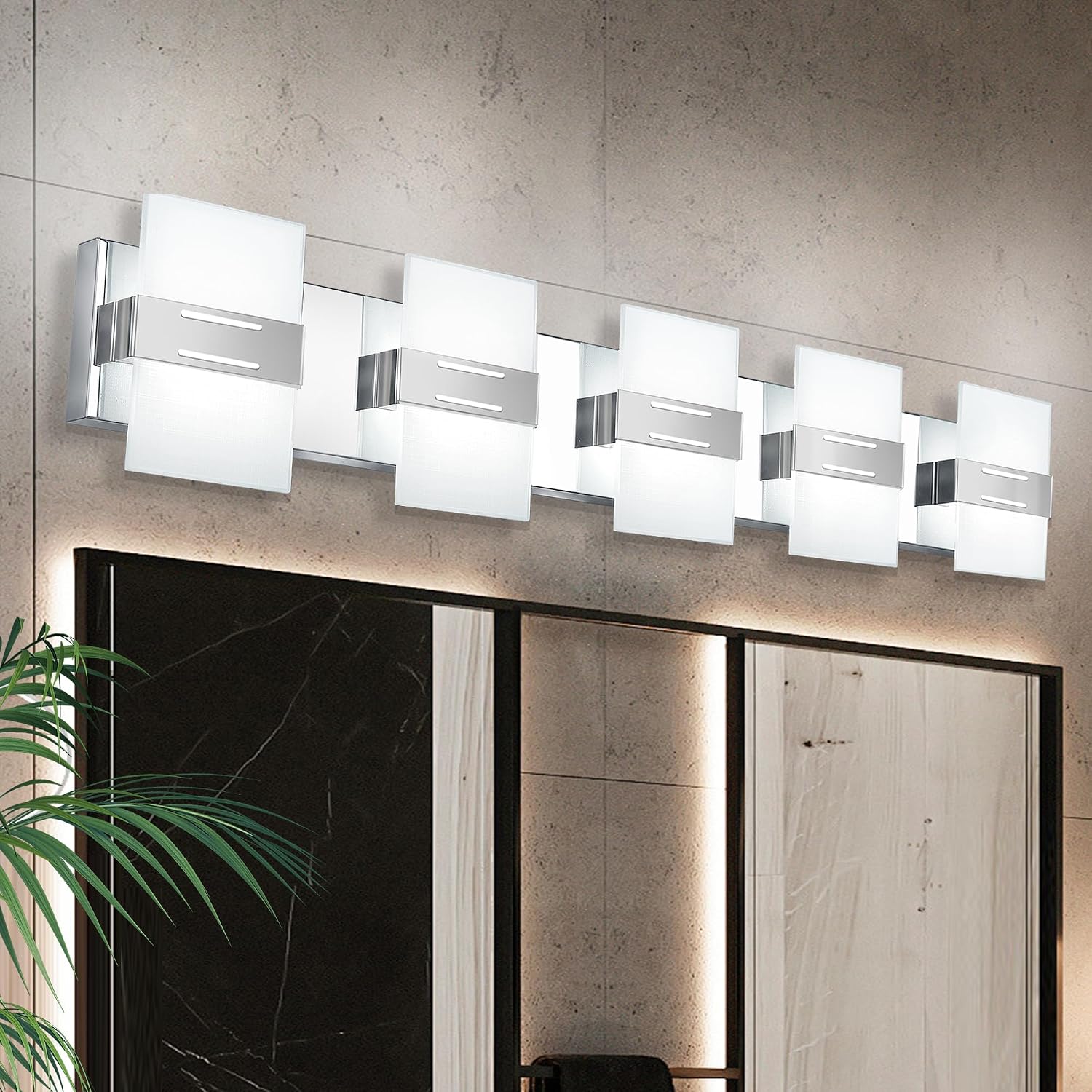 Modern Bathroom Vanity Light, Chrome Vanity Lights for Bathroom Lights Over Mirror with 5-Light Glass Grid Shade,39 Inch LED Dimmable Wall Light Fixtures 3000K/4500K/6000K Stainless Steel