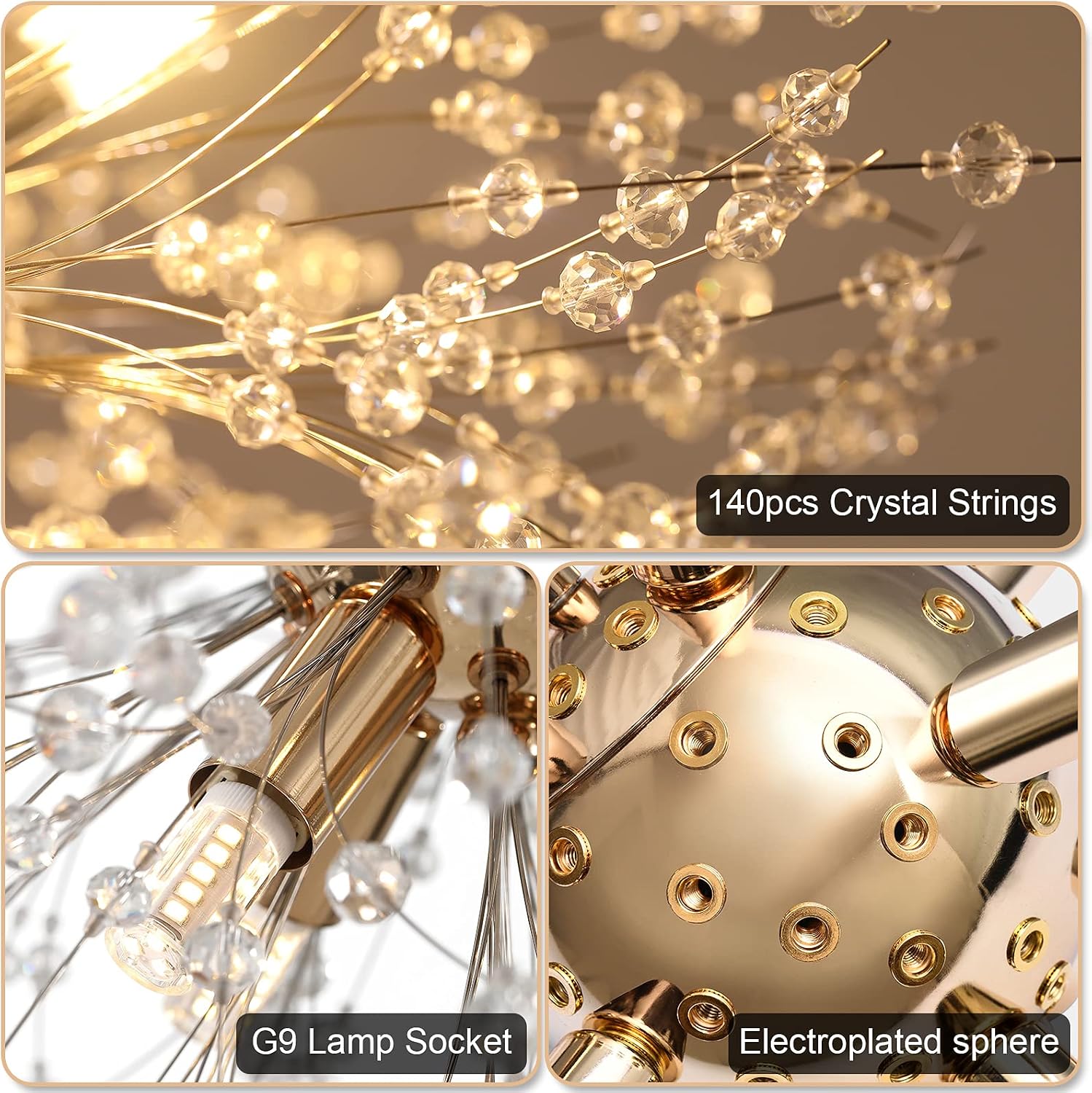 Lingkai 23.6' Gold Modern Crystal Chandeliers Firework, Bubble Chandelier Lighting for Bathroom Dining Room Bedroom Kitchen Island Living Room Light Fixture, 16-Light Gold Hanging Round Chandalier