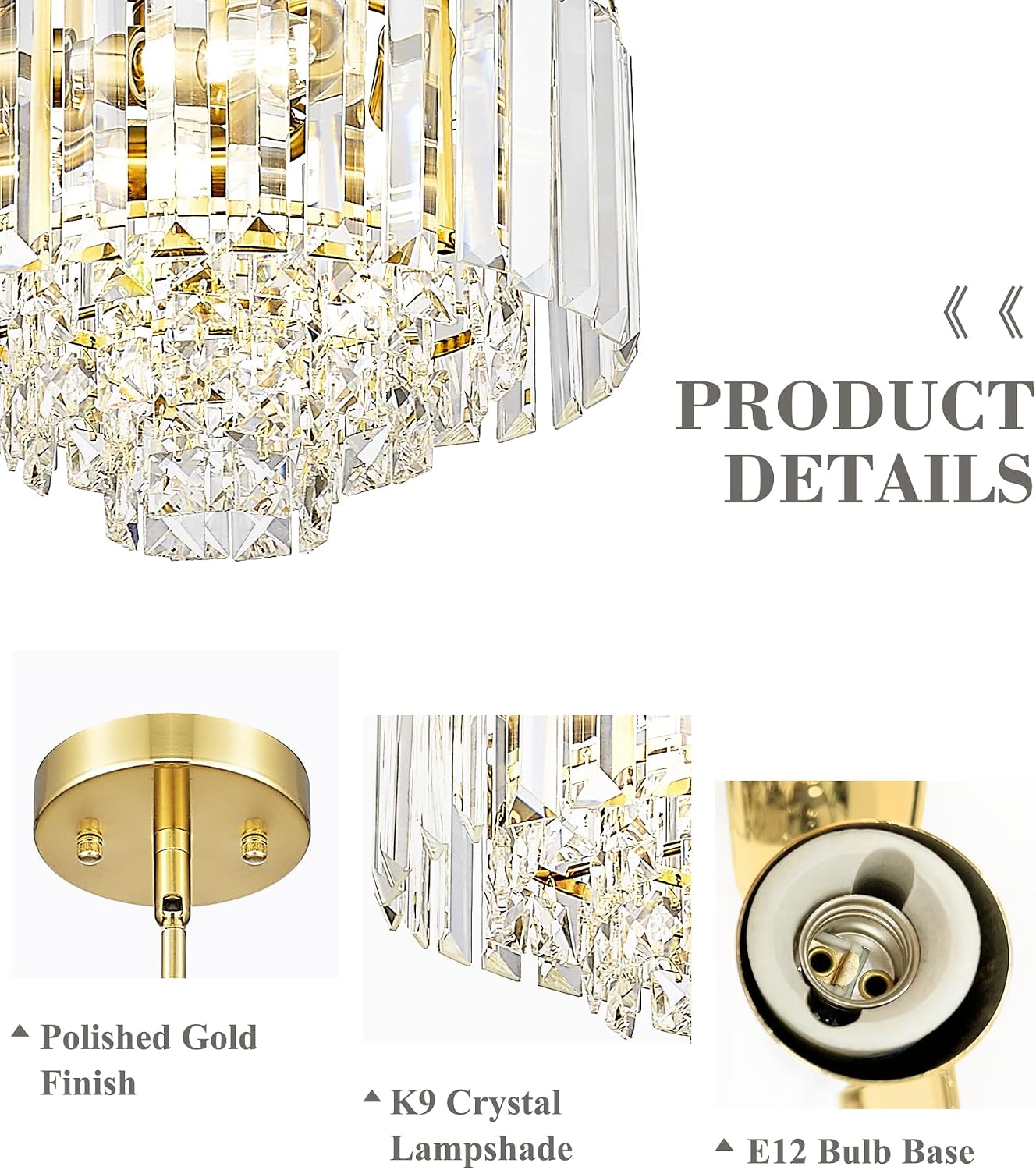 Polished Gold Chandelier, 4-Tier Crystal Pendant Light fixtures, Vintage Hanging Light, Chandeliers for Dining Room Kitchen Island Bedroom Entryway, CC4215-3W-PG
