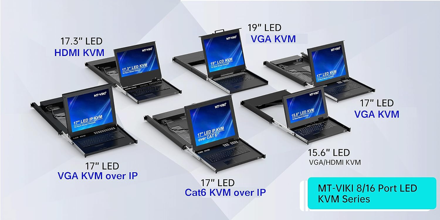 MT-Viki 17'' Rack Mount KVM Switch VGA 8 Port, Rackmount Monitor KVM Fit 1U 19'' Rack, 600-800mm(23.6~31.8'') Depth, Integrated with Keyboard+Touch pad+Drawer+8 KVM Cables