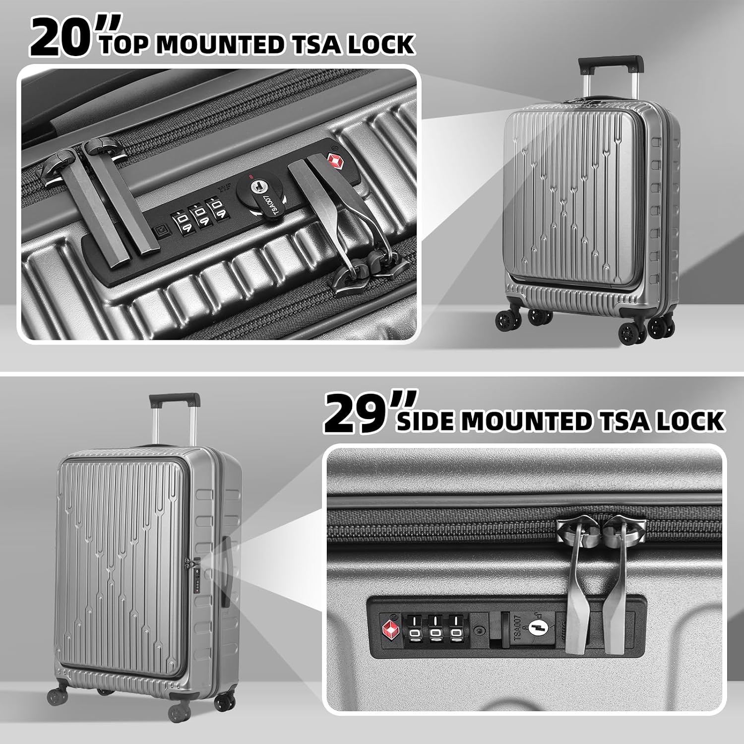 Kaleenie 2 Pieces 20/29 Luggage Sets, 20 Inch Cabin Luggage with Front Pocket & 29 Inch Side Opening Suitcase, Ligthweight ABS+PC Hardshell, Gray