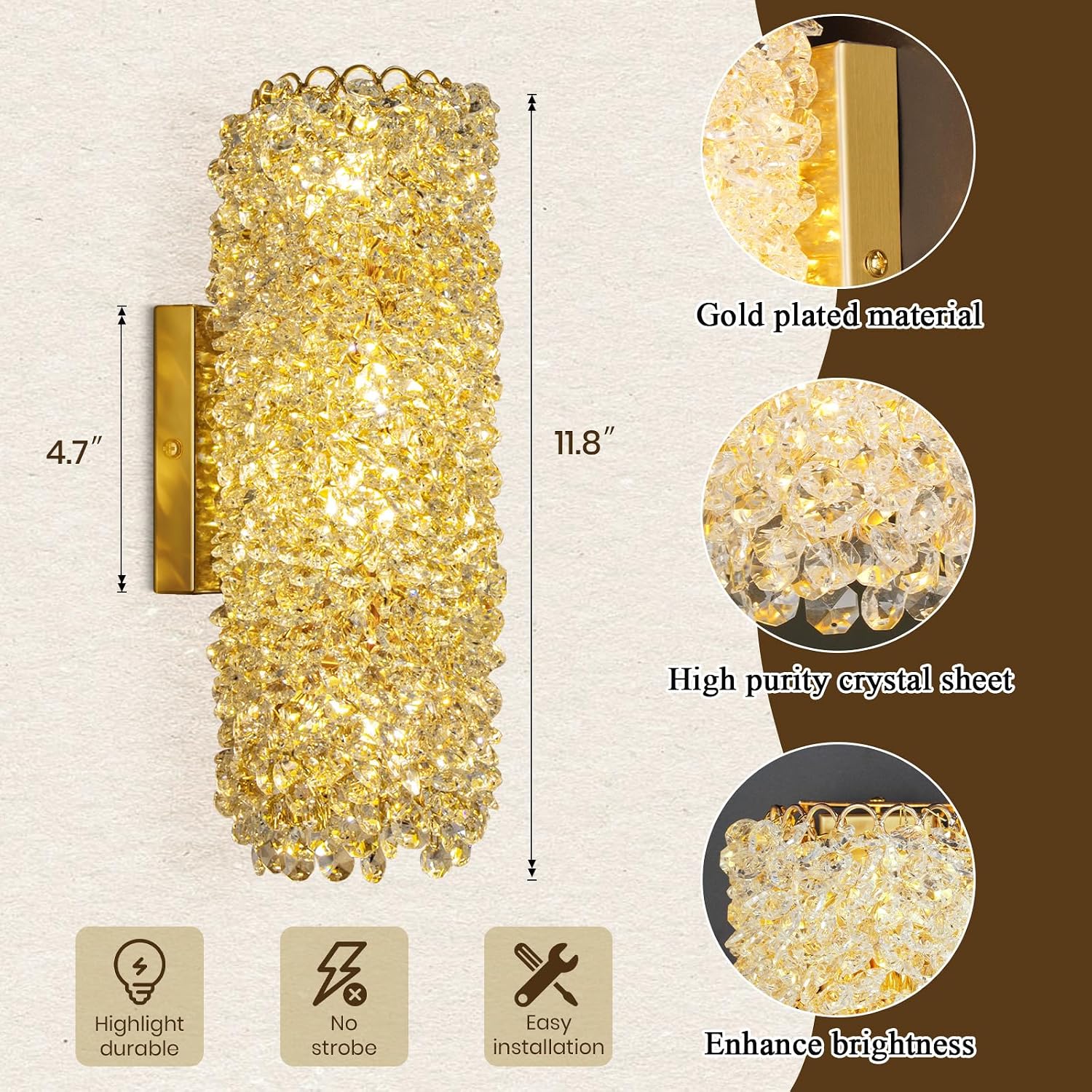 Modern Sconces, Beaded Crystal sconse Light Fixtures,Indoor Gold Wall Lamp,Crystal Vanity Wall Mount Lamp,Elegant Wall Lighting for Living Room Bedroom Bathroom Hallway Stairway Bedside