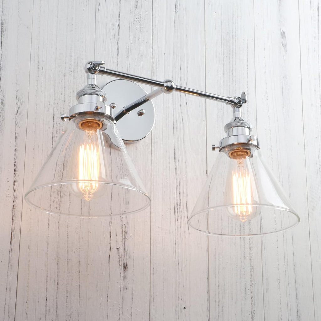 Permo Vintage Industrial Antique 2-Lights Wall Sconces with Dual Funnel Clear Glass Shade (Chrome)