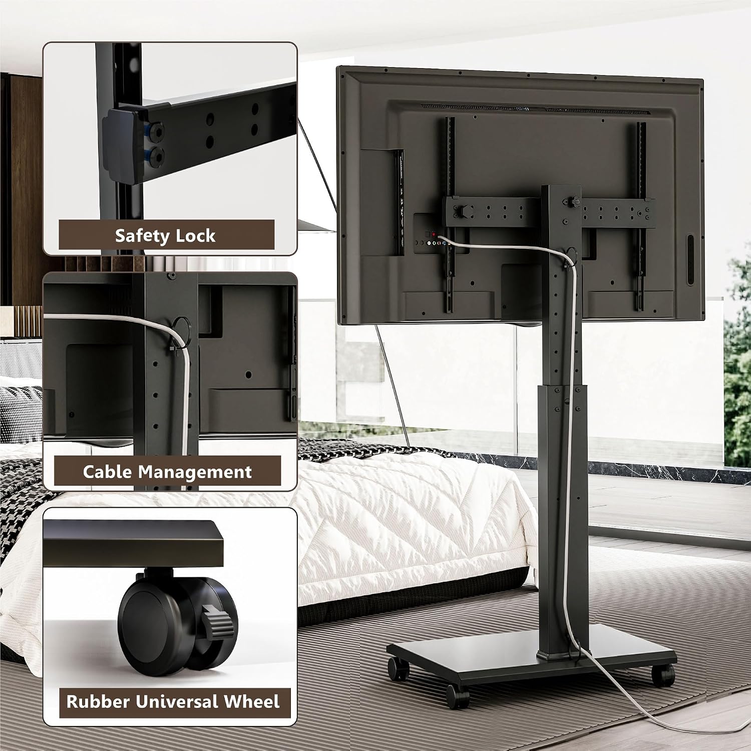 FITUEYES Rolling TV Stand - Portable Mobile TV Cart on Wheels for 32 to 65 70 75 Inch TVs, Landscape to Portrait Rotating and 40°Swivel, Height Adjustable TV Cart Rolling TV Stand Hold Up to 88 Lbs