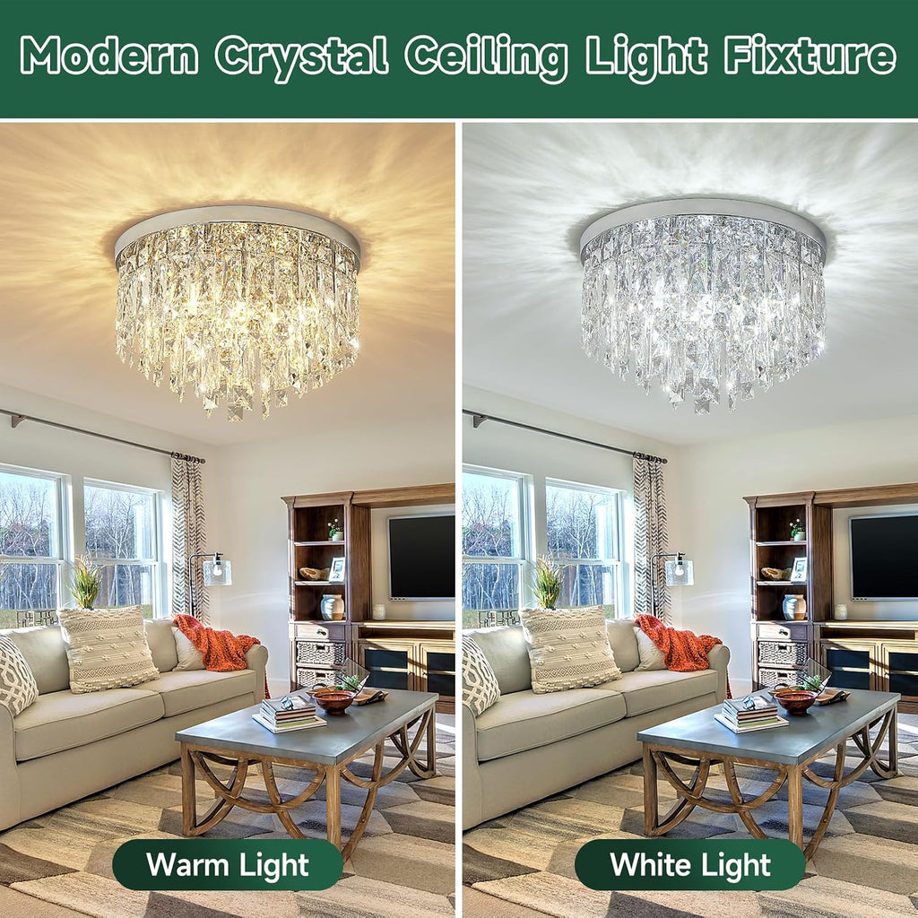 YMP&YZX Modern Chrome Ceiling Crystal Chandeliers,Diameter 15.7inch Semi Fulsh Mounted Chandelier Light Fixtures for Living Dining Room Bedroom Crystal Ceiling Fixture 5-Light