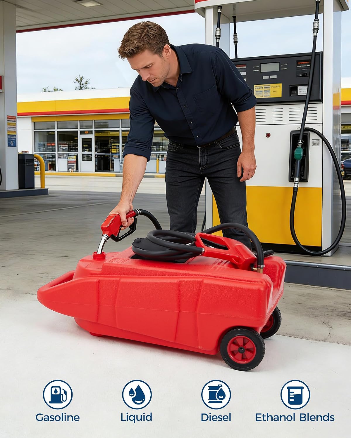 Upgraded 15-Gallon Gas Can & Fuel Tank with Manual Transfer Pump, 10FT Hose & Wheels: Heavy-Duty, Leak-Proof Portable Gas Caddy for Lawn Mowers, Tractors, Cars, Boats, ATVs, and Snow Blowers
