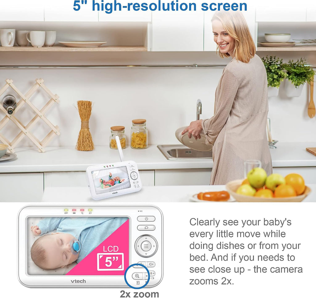 VTech VM5463-2 Upgraded Video Baby Monitor with 2 Cameras – 5' HD Screen, 12-Hour Battery, Pan Tilt Zoom, Ceiling Star Projector Night Light, 2-Way Audio, Non-WiFi Secure, No App Needed