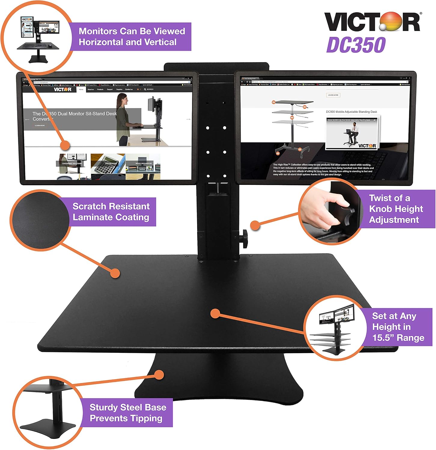 Victor High Rise Collection Dual Monitor Sit-Stand Standing Desk Converter, 28' by 23' by 15.5', Black