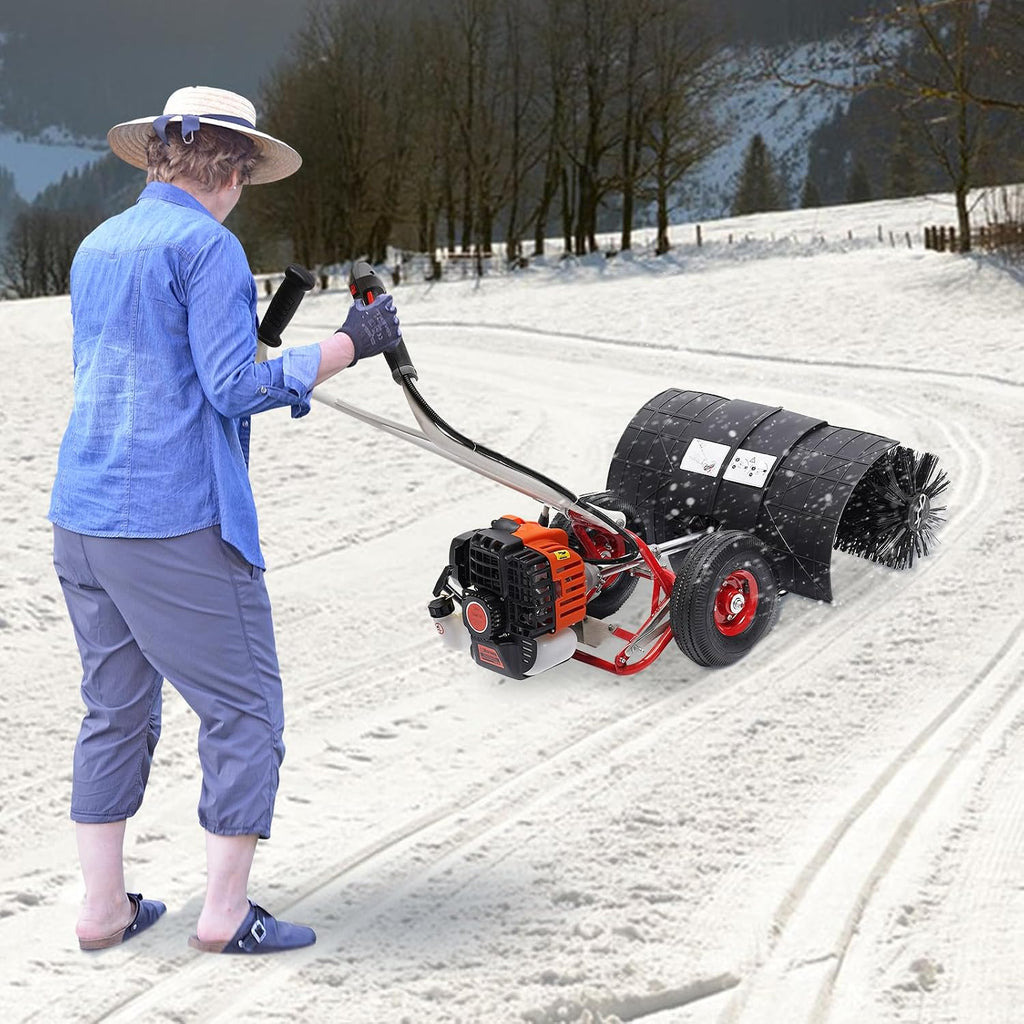 52CC Gas Handheld Sweeper, 52cc 2Stroke Gas Walk Behind Push Lawn Sweeper, Snow Sweeping Broom Artificial Grass Power Brush Lawn Sweeper Cleaner Tools for Lawn Leaf Artificial Turf Grass Gravel