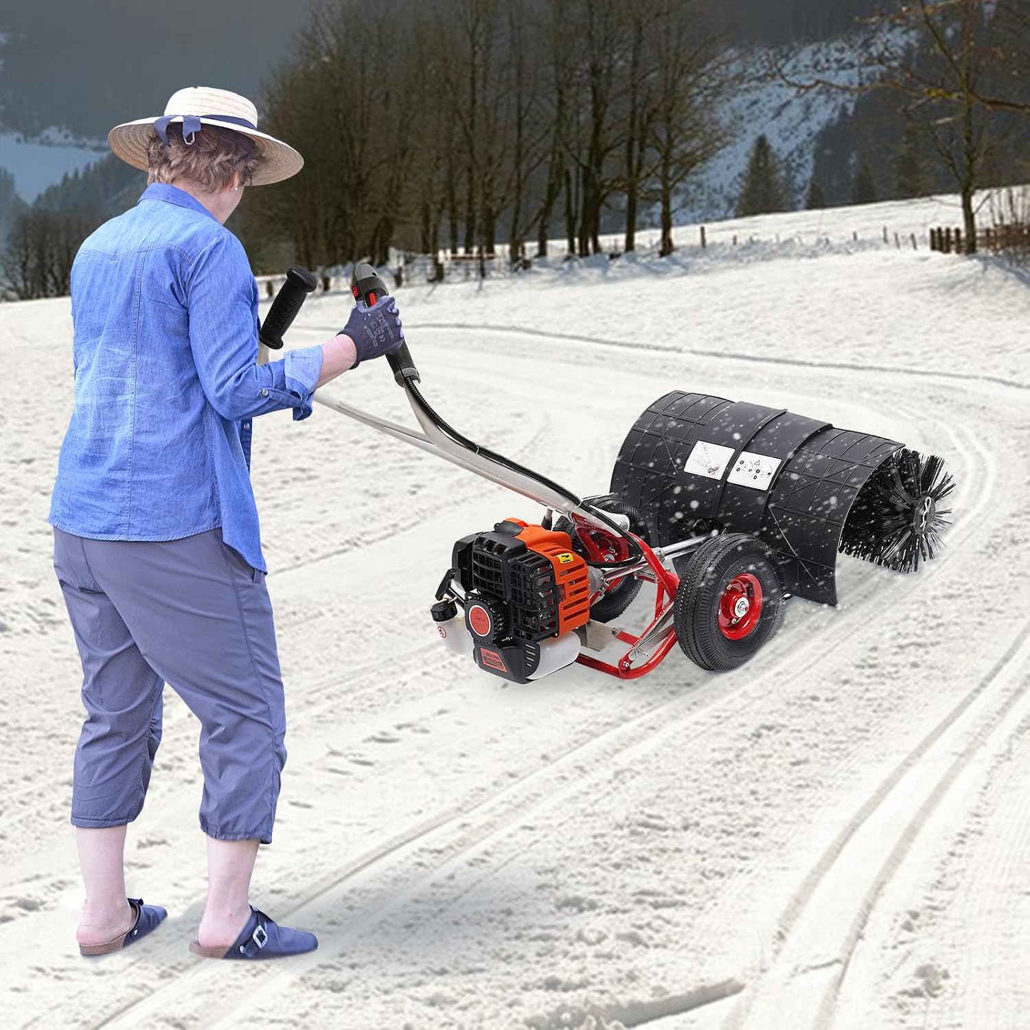 52CC Gas Handheld Sweeper, 52cc 2Stroke Gas Walk Behind Push Lawn Sweeper, Snow Sweeping Broom Artificial Grass Power Brush Lawn Sweeper Cleaner Tools for Lawn Leaf Artificial Turf Grass Gravel