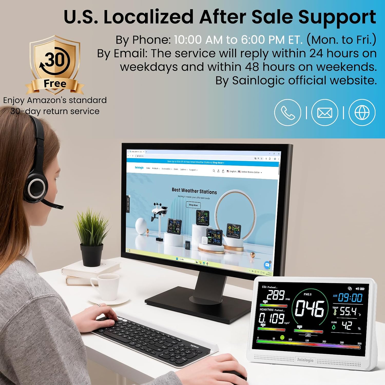 Sainlogic 16 in 1 Professional Air Quality Monitor Indoor with 7.2' Display & 3-Color 7 AQI Alerts,CO2 Monitor Air Quality Tester for CO2,HCHO,TVOC,PM2.5 PM1.0 PM10,Humidity,Temp & Time Meter for Home