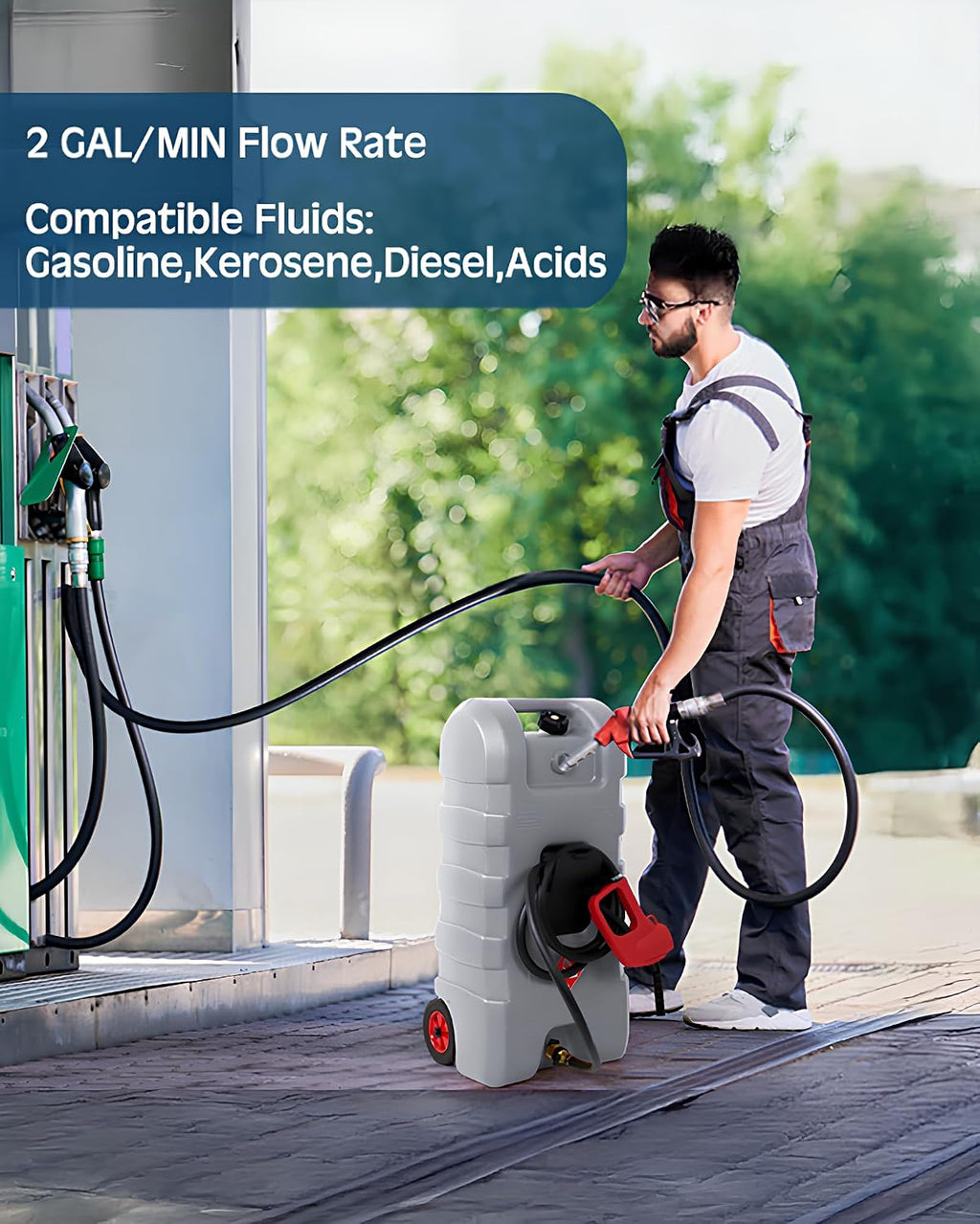 15 GAL Portable Gas Tank with Pump,15 Gallons Fuel & Gasoline Container with Transfer Pump, Gas Cans,10Ft Delivery Hose,Diesel Storage Can on-Wheels for Cars, Lawn Mowers,Boats