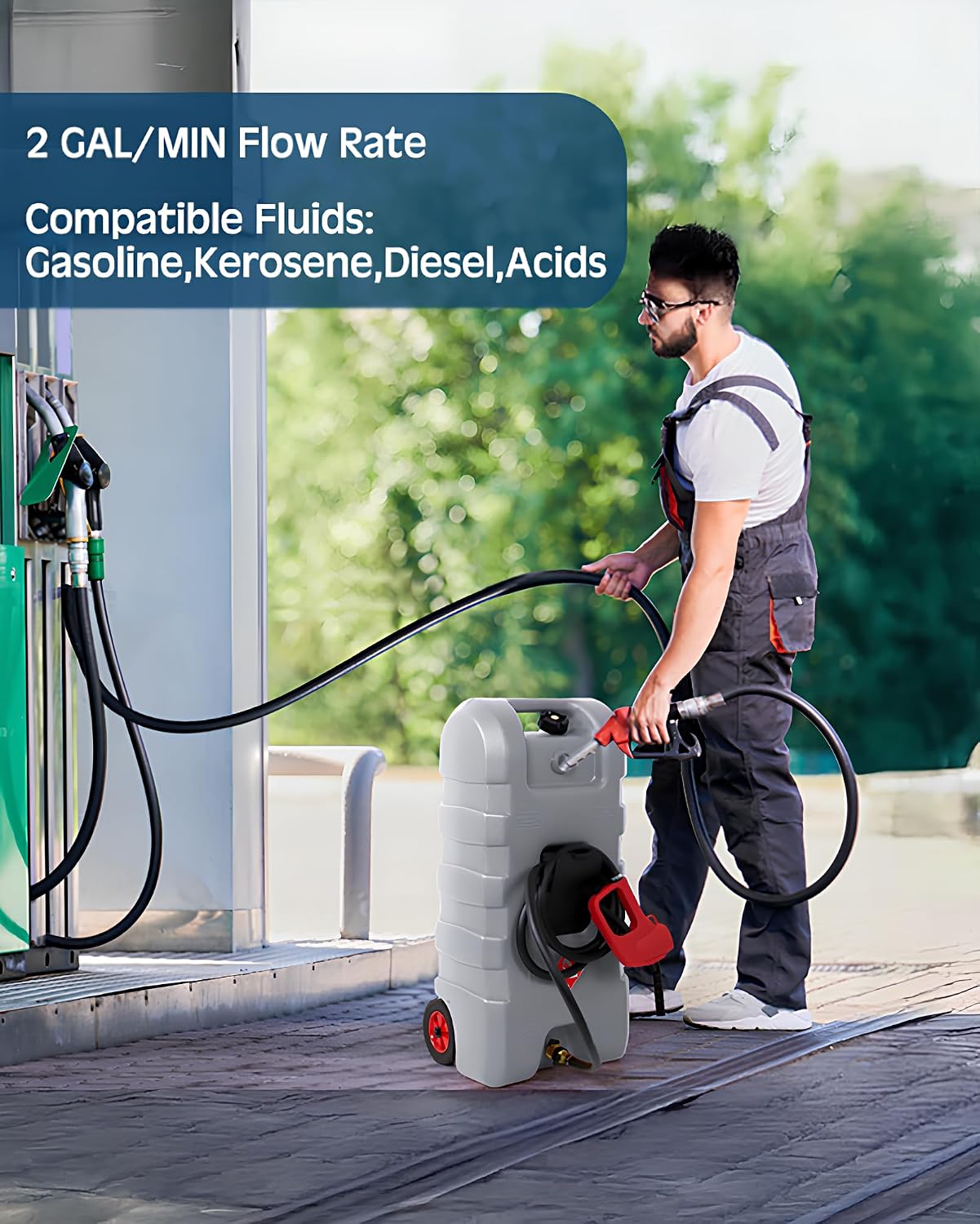 15 GAL Portable Gas Tank with Pump,15 Gallons Fuel & Gasoline Container with Transfer Pump, Gas Cans,10Ft Delivery Hose,Diesel Storage Can on-Wheels for Cars, Lawn Mowers,Boats