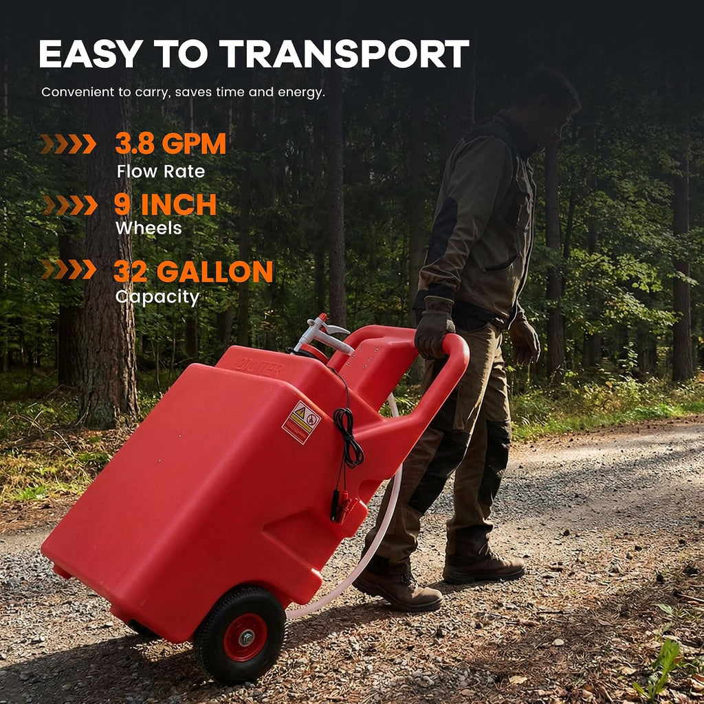 32 Gallon Fuel Transfer Caddy 2 Pack, 120L Gas Caddy with AA Battery Powered Pump for Gasoline Diesel, PE Diesel Transfer Tank, Manual Fueling Nozzle, for Easy Fuel Transportation (Pack of 2)