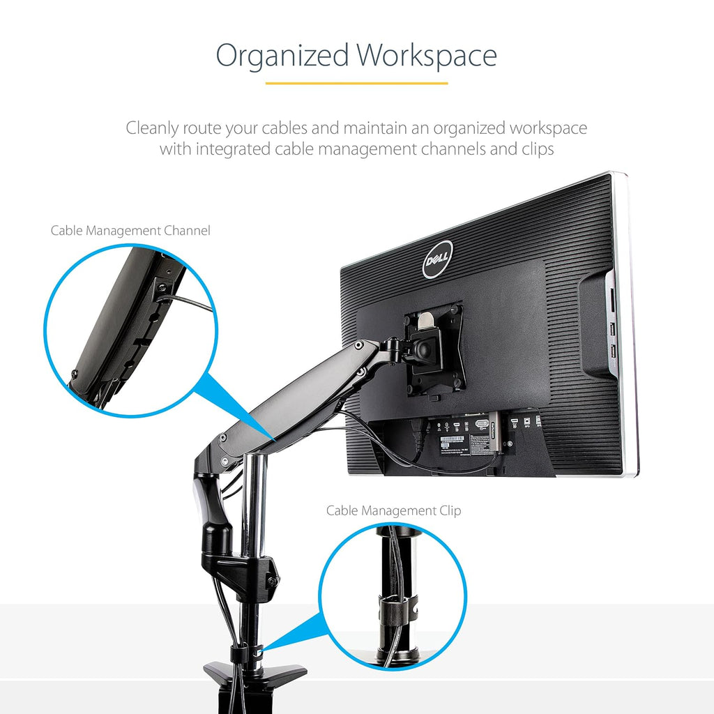 StarTech.com Desk Mount Monitor Arm for Single VESA Display up to 32' or 49' Ultrawide (17.6lb/8kg), Full Motion Articulating & Height Adjustable, Clamp or Grommet Base, Single Monitor Arm