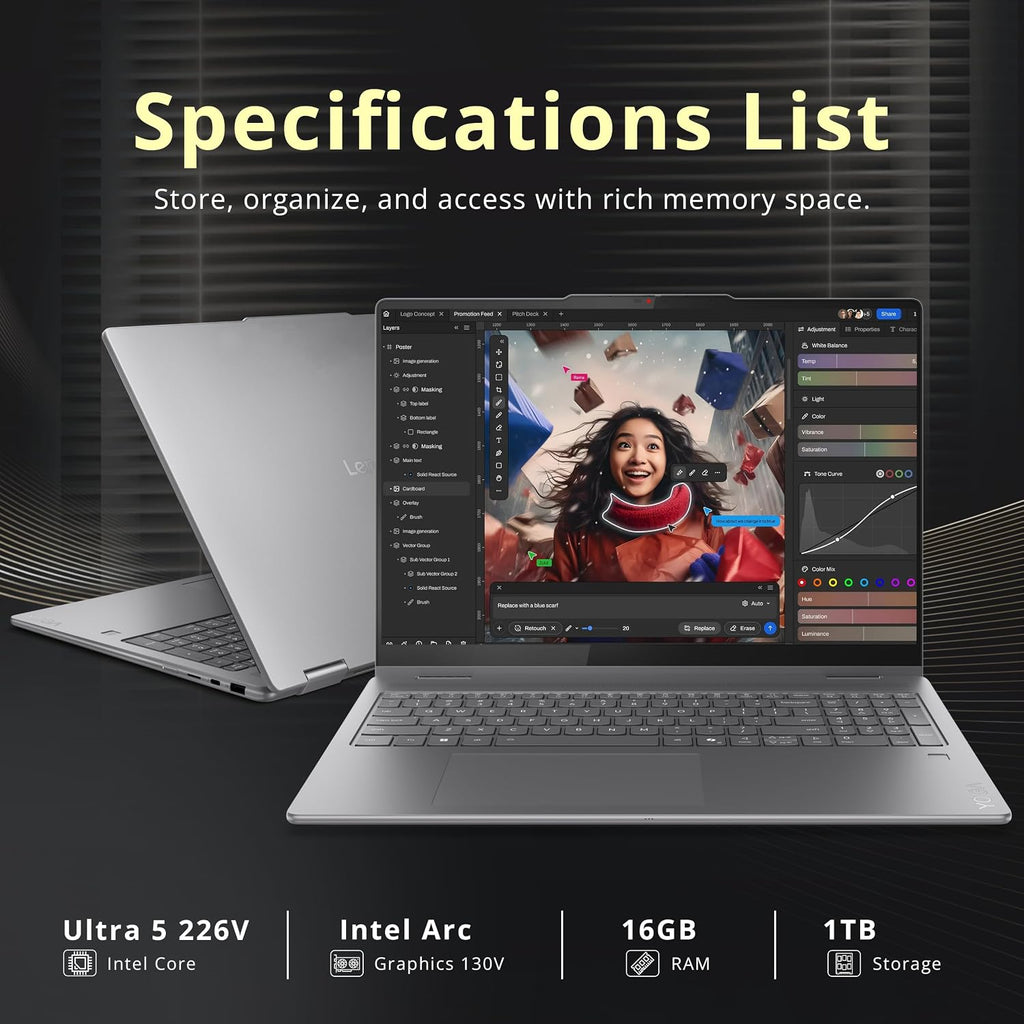 Lenovo Yoga 7i 2-in-1 16' 2K Touchscreen Laptop, Intel Core Ultra 5 226V, 16GB LPDDR5X, 1TB(512GB SSD+512GB Docking Station), Intel Arc Graphics, Backlit Keyboard, Fingerprint, Wi-Fi 7, Win 11, Gray
