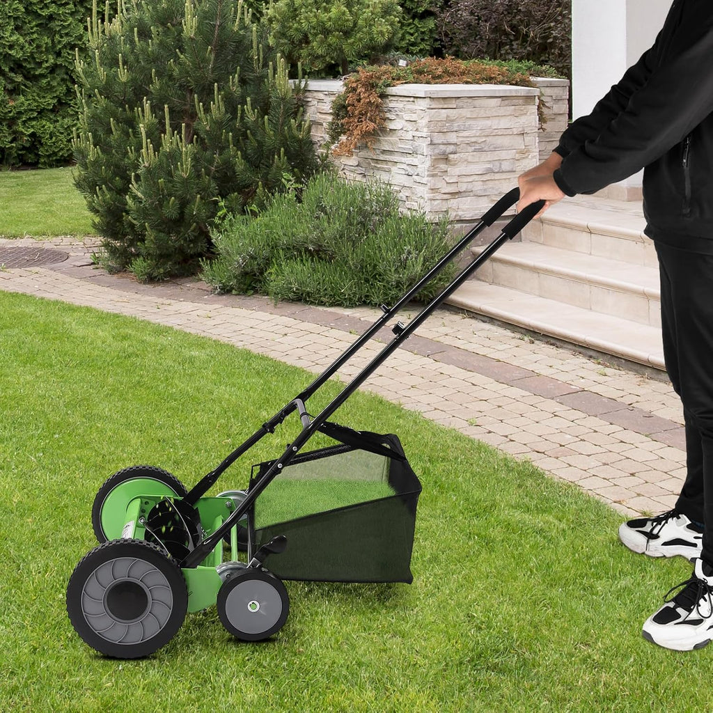 Push Reel Lawn Mower 20 inch, 5 Blades Manual Push Mower with Grass Catcher Bag, 1.33-2.51 in Adjustable Cutting Height for Small Medium Lawns, Yards, Driveways