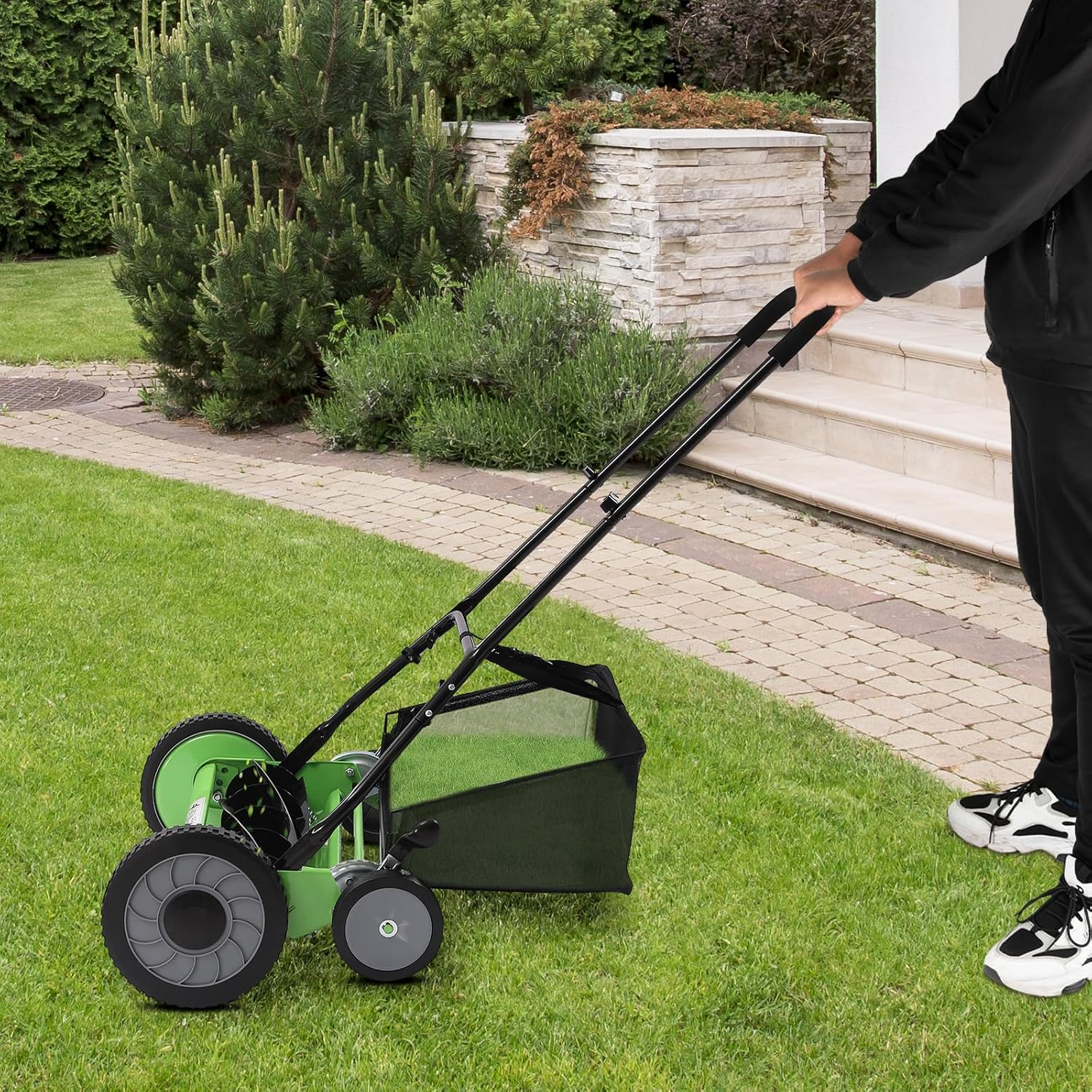 Push Reel Lawn Mower 20 inch, 5 Blades Manual Push Mower with Grass Catcher Bag, 1.33-2.51 in Adjustable Cutting Height for Small Medium Lawns, Yards, Driveways