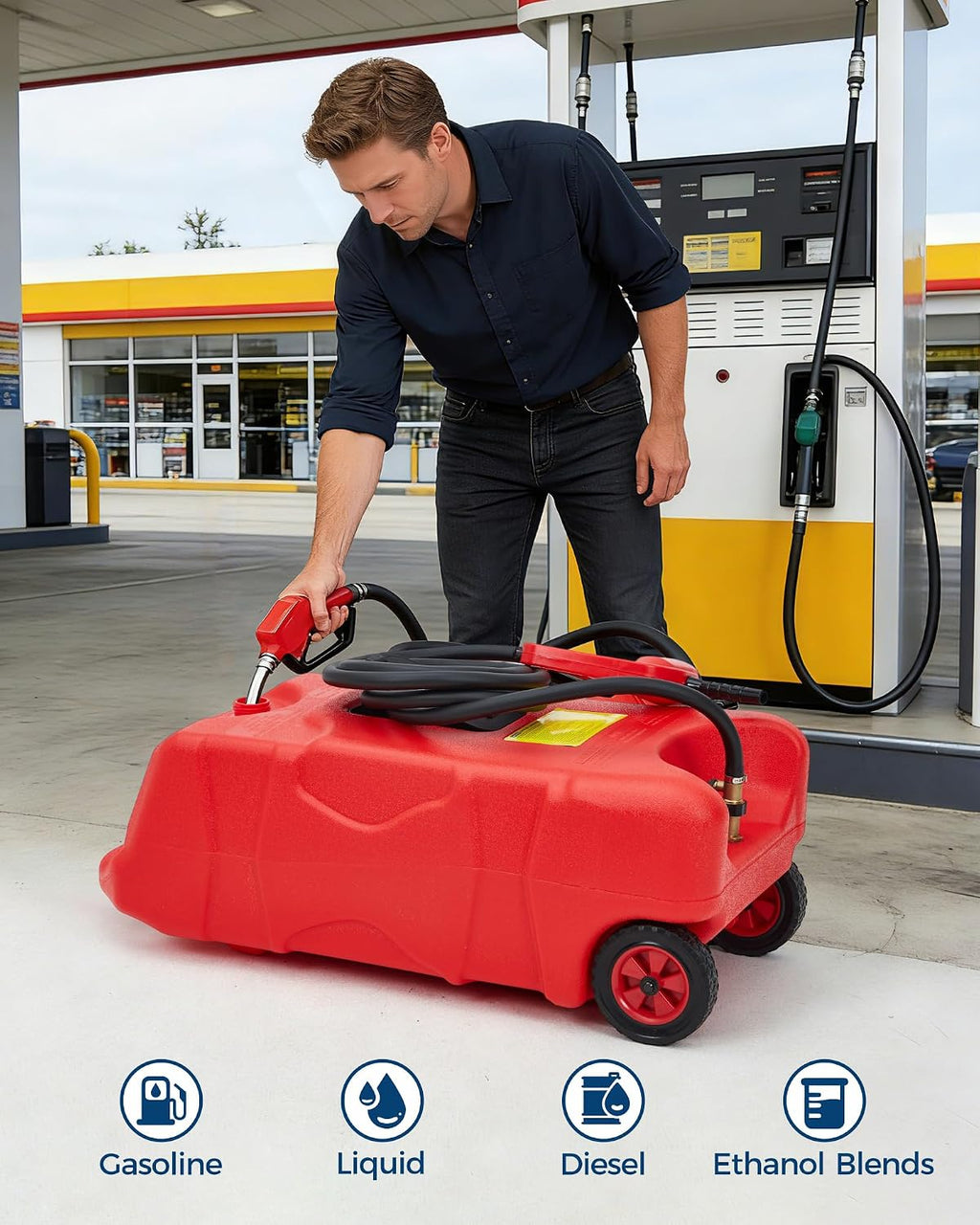 16 Gallon Fuel Caddy, Portable Gas Tank With Pump, Fuel Transfer Tank, Portable Gasoline Tank On Wheels With Le Fluid Transfer Siphon Pump and 10-Inch Hose for Cars, Boats, Lawnmowers, ATVs