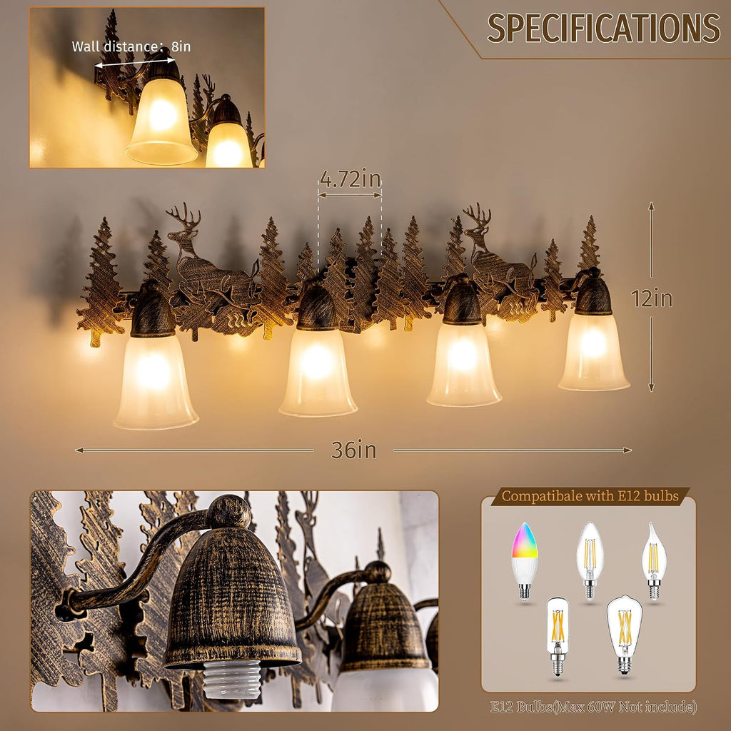 TOCHIC Rustic Bathroom Light Fixtures Over Mirror, 4 Lights Farmhouse Log Cabin Vanity Lights for Bathroom, Western Deer Sconces Bath Vanity Wall Lighting for Mirror Cabinet, Powder Room, 36' L