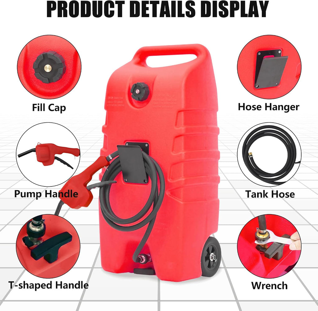 Garvee 14 gal Portable Fuel Tank, Red Fuel Storage Container with Manual Siphon Pump & 10 ft Hose, Gasoline Diesel Caddy with Wheels, Fuel Transfer Tank for Car, ATV, Boat, Lawn Mower, Generator