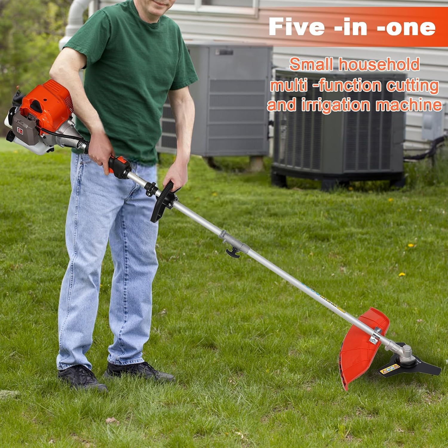 5 in 1 Lawn Mower,52CC 2-Stroke Gas Weed Trimmer,Cordless Hedge Trimmer,Brush Cutter,Handheld Chainsaw Weed Wacker with 1.2l Fuel Tank,2.3KW/8000-9500RPM Orange