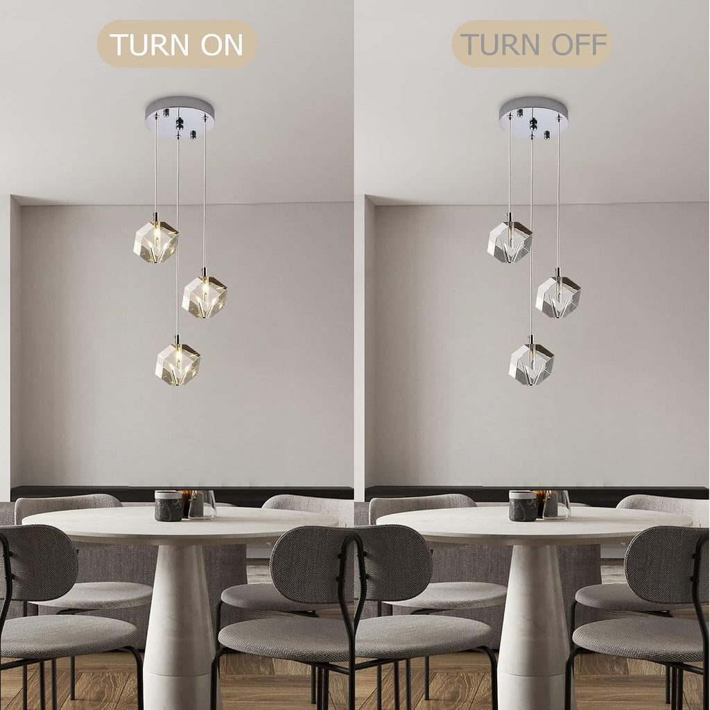 3-Light Cube Crystal Pendant Lighting, Cluster Square Pendant Chandelier in Chrome, Clear Crystal Hanging Pendant Ceiling Light Fixture for Dining Room Kitchen Island, 9W