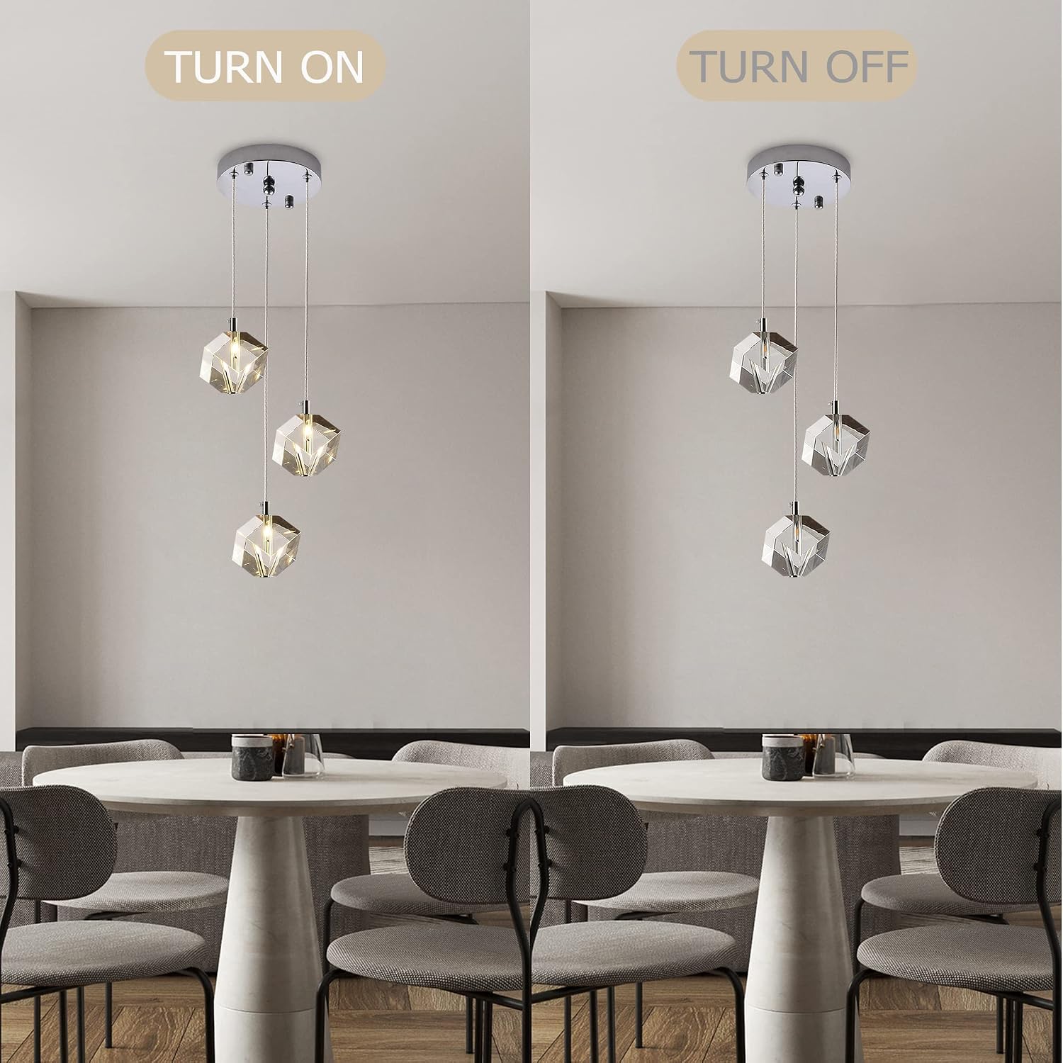 3-Light Cube Crystal Pendant Lighting, Cluster Square Pendant Chandelier in Chrome, Clear Crystal Hanging Pendant Ceiling Light Fixture for Dining Room Kitchen Island, 9W