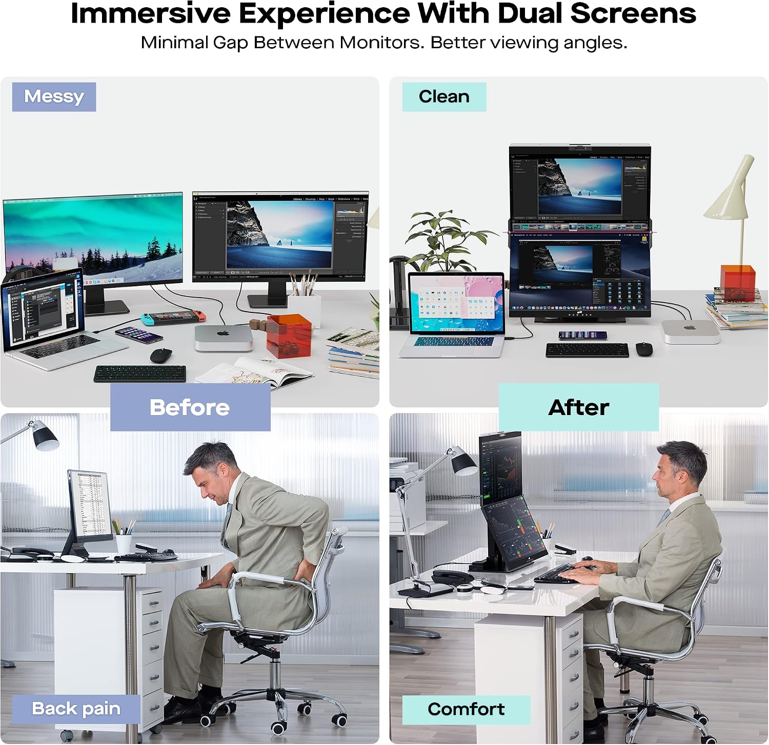 Mobile Pixels Geminos Dual 24' Stacked Computer Monitors with 1080P Webcam&Speakers, 65W USB-C Charging, All-Inclusive Vertical Desktop Monitor, HDMI/USB-A/USB-C, Infinitely Adjustable (2 Monitors)