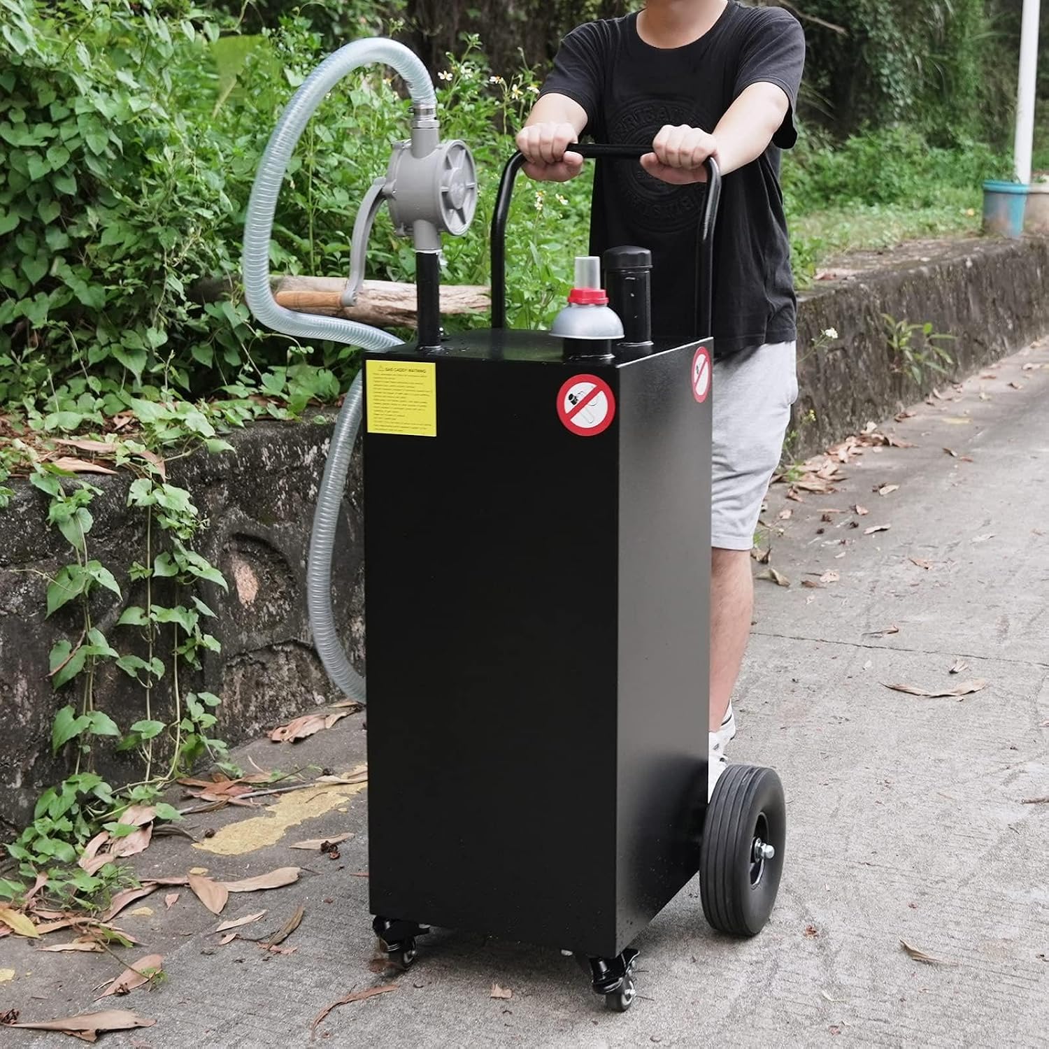 35 Gallon Fuel Caddy, Portable Gas & Diesel Storage Tank with 4 Wheels and Manual Transfer Pump, for Refueling Cars, Trucks, Lawn Mowers, ATVs, and Boats