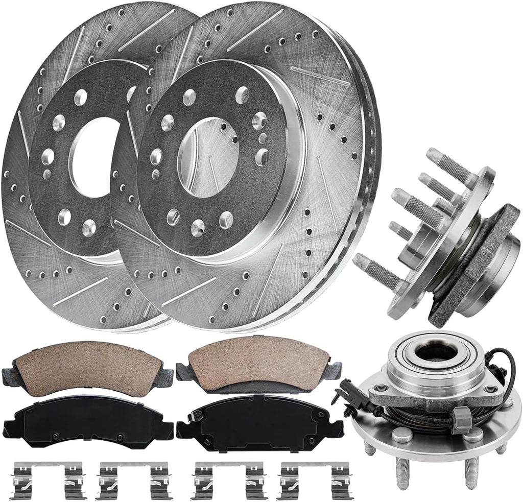 Front Brake Kit Replacement for Chevy Suburban Silverado 1500 2008 2009 2010 2011 2012 2013, GMC Sierra 1500 Brake Pads and Rotors w/Wheel Bearing Drilled Slotted Brakes 12.99' [6-Lug 4WD]