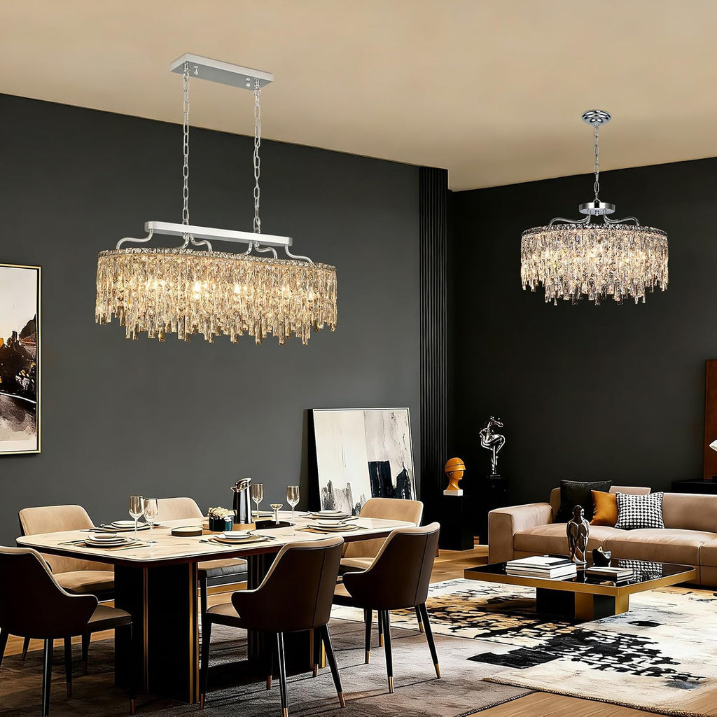 12-Lights Modern Luxury Crystal Chandeliers for Dining Room Light Fixtures Over Table | L36 Chrome Crystal Kitchen Island Lighting | Oval Hanging Chandeliers for Living Room Kitchen Bathroom